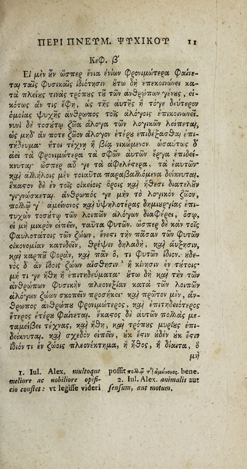 Ke(f>. (X E/1usv Sv ooeiteg men, svlwv (p%ovi(ju&re(>x (fiouvE- tcy rdug (fiveiKcas ihcTYjdiv atw ly sirexoivcivet xa- ta irhetxg wag- Teonas tS tcov avS^wttwv yews 9&- TtoToog civ Tig s<Ptj9 oog tys dvTyg vj Toys Sevregov cfjiclccg tyvyj\g dv&gcoirog tc7g dkcyoig siuxcivtovet. vwl Ss TCgStO) ciko^cc TtoV koyintiv keiirsTotf, tig fjivih' civ hots £ooov eiko^ov sts%x eiuSer£cc<?Scif £izt~ TYlSsVULOC* YTOl Ti%VYf fj (2fa VMtofASVOV toGCiVTtog S' det td (pZGVifJLtoT8%a tcc <j(ptov dvTcov gg^ya emSet- KvvToif wWeg a3 7? t& dCpsksTsqa., eavTtoV y[gjj dTkykoig psv toiocvtcl 'Tta^a^a/kcfxsva SdxvvTotf. excitov Ss sv tdig oixeioig o%oig qey q&etri SiccTskSv fyrjvooo'KST<%/> uv&gtoitog 7e fAYjv to ko^ixov ££ov, ttc^w 7 dfJL&vovog ycy v^YikoTegug hfuxqyfas ^7Cl~ Tvyjtov togStco Ttov kcittwv dko^m Sioitpsgc-i, cVcp, e< /M,57 fJUTtgOV eiltSlVy TUVTCt (pVTtoV. WCXTTgg §£ XtfV TC% (pCCUkOTCtTOtg TtoV ZtotoV , gves** Tljv ISUGCLV TtoV (p-JTtoV ClXOVOfAfav XUTtSetV, Sgsxpiv hvjkM, yefi divfyriv, tigcf xa^itS (pogav, qglj ifotv 0, t 1 (pvT&v thev.- &Sg- voc S’ ay ftotg fyioov cugSyigiv 2 j) xivy;giv sv TXTOig• TJ 7? »?&J? j) £TUTY]hsV[ACtTei' XTto Svj K&f Tlijv TtoV civ&^WTTtoV (pVGIXYjV nksOVs\j<XV XCiTcl TtoV kotHtoV dkeym £wwv GKQitetv it^oGYjxev qctf it^ujtov [asv , «y- S^toixog dv$%toTTX (PqovtfAtoTegog 9 ngy sirtTYiSetors^os erspog sTsqp (pcuvsTocf, sxccTcg Si civ tcov 7rclkccg fie- TU(JL£ifiet xs%W, ng] ydy, T^cirdg jAv^tas sni- SeixvvTXf. w a-xeScV «7r«v, ixjTiv aSev «>c t&ovTi ev 'nksovsKTYifift) yj q&og, $ Houtca , 0 W I. Iul. Alex. viuUoqtie polIitTC^vw r’la^Hvoyo^. bene. fneliore ac tiobiliore opifi• 2. Iul* Alex, animate aut do c on ft et: vt legifle videri fenfum, ant motum,