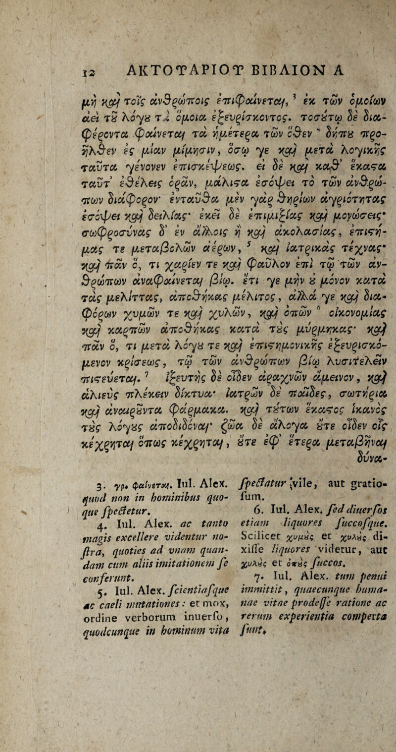 fJLYI X&f TMS dvSgOOTtOig STCld^OUVSTCtf, 3 4 5 * ffc TOOV OfJLCtOOV det tS hoys t2 cfJLOia e£evgfor.ovTog. tctstoo Se Sia,- (pegcvTct (pouvsTctq tcH yi[ast6^cc Toov c9sv H SviTts ntgo- yjhSev eg yda,v [JLipLYiaiv, oVw 78 ycy fxsTd Keying rauTcc 7evovsv eirtnceipecog. et Ss v&f ku9’ stcu^cc ravT i'QeXeig cgctv, fiuXtex sacxpet to twv dv&gd- Ttoov Sidtyogov evTUvBa >xh 79yh>!wv dygioTrjTCtg idi\pet vgjj SetKfag' gx£ Jg sTtifAifyag qcy fxoyddetg* dooCpgodvvccg S' ev difkcig vj ycfj dxoKctdlctg, eTtiTV}- fj.ag 78 [/.eTotfioXuv degoov, 5 xgq iot.T(?i7cdg ri%vw 3tg]j ir£v e, t* X^kv re wglj (pctvKov sitl t$ rwv dv- Badiroov dvatyouveTcij (3lw. ST 1 ye (jlv}v & (jlovov xcnd ?dg [JisXiTTag, ditcbvix&g fieXiTog, d?Xd ye Sici* (pbpOdV XVIU®V 76 %vhQv, qOfjj OltOOV * oUoVO(Jilcig ygjj ytctqir&v dncSynug xcnd Tsg fii^p/xar <7tdv 0, 71 fJLSTd Keys ts vtgjf eiuevjfACVHtYjg ifcevgtcrxo- pevov xglaswg, tw twv avSgwttoiv /2/w Au<7;t£Aei!V 7!i<?sveTUf.7 ijrsvTvjg Ss olSev dguxvuv dfxetvov, 3^ TtXeKGiV SlKTVW iUT%u)V Ss TtOuSsg , (TUTYlQlCl nyjj dvcuQxvTct (pd^fjLCtKCC. 3^ tstcvv ejtct^og Uavcg Tsg Koyxg ditoSiScvotq' Ss oiKoya, sts oiSsv ofg KtxQW&i MW x*XZ7lrotl > *re psTdfiyjvocf Svvct- 3. yp« Qcclveryj. Iul. AIcX. quod non in hominibus quo- que fpetfetur. 4. Iul. Alex, ac tanto tnagis excellere videntur no- Jlra, quoties ad vnam quart- dftfW «//// imitationem fe conferunt. 5. Iul. Alex, fcientiafque sc caeli mirtationes: etmox, ordine verboruni inuerfo, quodcunque in bominum vita Jpefiatur (vile, aut gratio- fum. 6. Iul. Alex, fed diner Cos ctiam liquores fuccofque. Scilicet er %ua«; di« xiffe liquores videtur, auc et 0*84 ftlCCOS. 7. Iul. Alex. Am; pentii immittit, quaecunque bum a- nae vitae prodeff'e rationc ac rerum experientia cowpevta fnnt♦