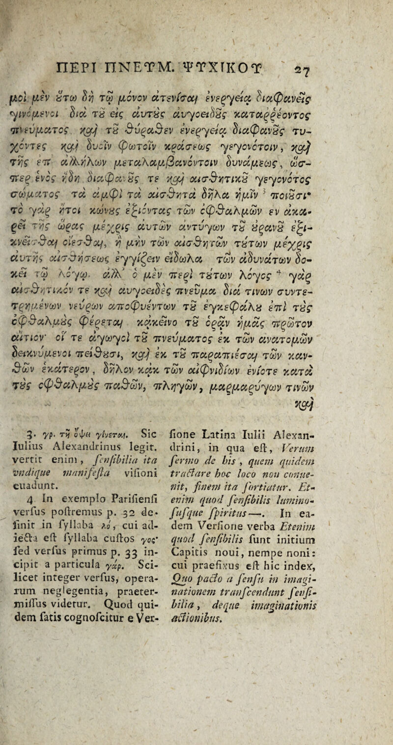 fjtol uh Sr00 Sri tw fjLovov drmroq eveg>yfta hot^civetg yivoyevci Sid rg eig dvrSg dvyoetSgg zara^eovrog vtievycir0$. ygq rg Sfi^uSev eve^yeia Stci(pavgg tu- yjvreg Svoh (puroh xqdretog yeyovcrciv, Tyjf Trjg sir d'lkykoov (j.eiukayficivcvroLv Svvdyeoog, wo*- ^ ^ ^ V V r Sr Sixty ct:8g re 7$q oucS'yitikS yeycvcrog udfjLctrog rd dytyl rd xir&vrd hrjkct YjfjLiv 3 7totScri* to yd% rirci zdvxg e‘£icvrag r&v ctySakyoov ev dzcc- ~ ,v' a / ’ ^ 1 / oj j ^ ) e, ge* rrjg oogag yey^tg avrmv avrvyoov res X(?avx e£i- %vei;§ctj oierBaf, rj yriv toov <xio'-S’jfirwv rSroov yeygig auryg our^YiTeuag eyyt^eiv eiSookoi twv dSvvdroov So¬ wn rw key00. d)k 0 yev rte^l rSroov koycg 4 yd(* Cii'jS'rvtAcv re ycy civyoc-iSsg itvevfj.a Sid rivoov cvvre- T(?Y]ttemv vsvqoov artotyvsvrodv rx eyzetydkx ertl rSg ctySakuSg (peg>ercy zdzeivo rS cg>dv rjfxdg ov editor of re d.ycnycl rS rtveSycurog ez rwv avoirofj.uv Setzvvfxevoi TteiSxm, yef] ez rS rra^ciiueaci/ toov zav- r&wv ezdrsqov, Srikov zdz roov odtyviSi'oov evicts zard T&g cty&ciky.xg ttcjS’wv, Trkrjyoov j [za^y.a^vyoov rivoov m 3* 7?' T% o^« yfasTv.f. Sic luiius Alexandrinus lescit. zy vertit enim , fen fib ilia ita vn clique ruanifefia vifioni euadunt. 4 In exemplo Parifienfi verfus poftremus p. 32 de» link in fyllaba ao, cui ad- ie'&a ell fyllaba cuftos yo$' fed verfus primus p, 33 in- cipit a parricula yotp. Sci¬ licet integer verfus, opera- rum neglegentia, praeter- miftiis viderur. Quod qui- dem fads cognofcitur e Ver- fione Latina lulli Alexan- drini, in qua eft, Verttm firrno de bis , quern quidem tr aft are hoc loco non c unite- nit, fine in ita Jbrtiatnr. Et- enim quod fenfibilis himino- fufque fpiritus —*. In ea- dem Ver/ione verba Etenim quod fenfibilis funt initium Capitis noui, nempe noni: cui praefixus eft hie index, Quo pafto a fenfn in imafi- nationem tranfeendunt feufi- bilia, deque imaginationis aftionibtis.