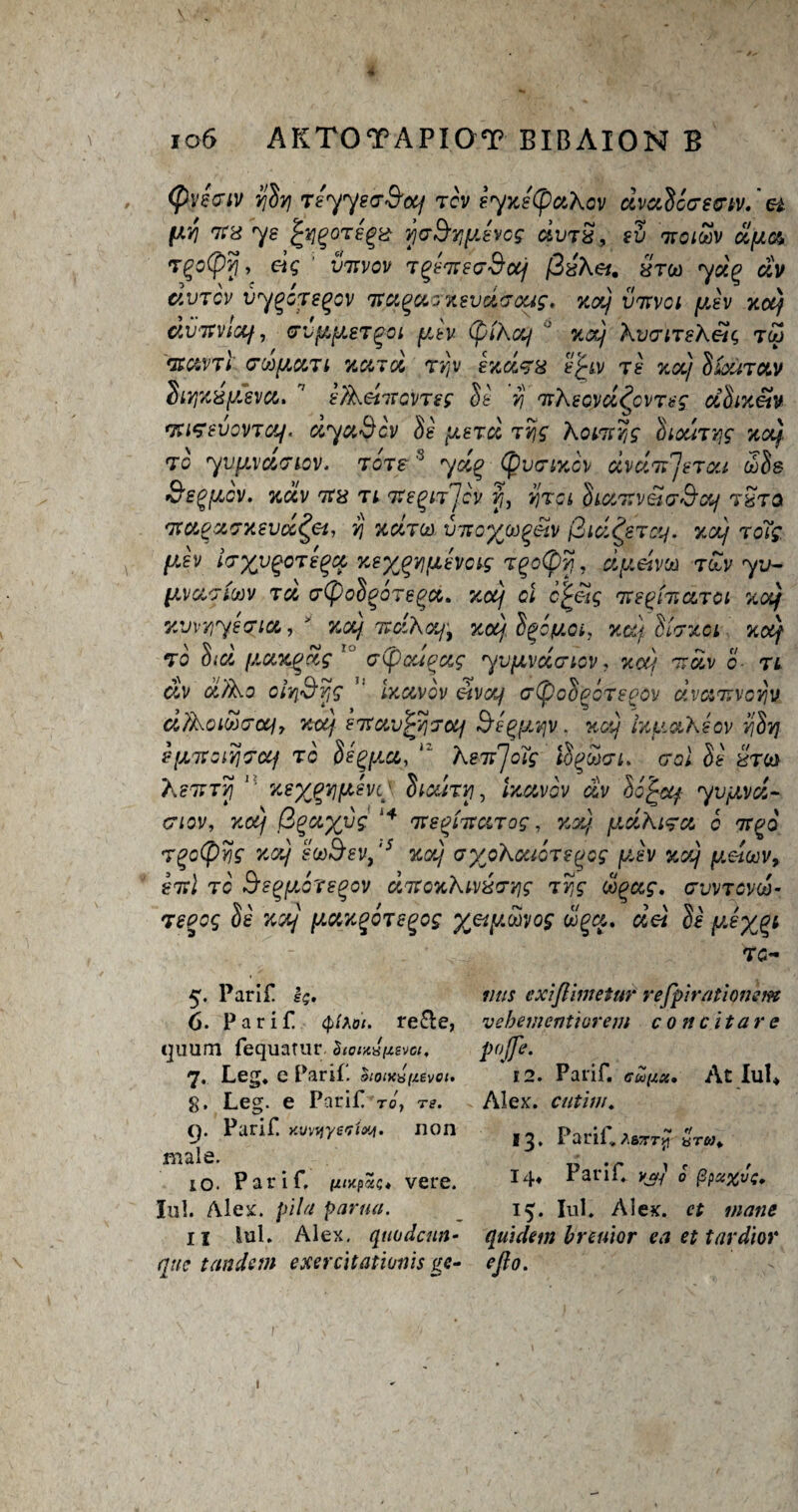 JO6 AKTOTAPIOT BIBAION B (fiysaiv yidvj rsyysa&otf tcv syxsCpakov dvccdcascrn. et f/,Y] 7C'd 'ye jrY](?QT£%d jad'yiyjvcg civTd, sv ttcimv d/ua T£o(j>/? » dg ' vr.vov Tgf7vsa&ccj (3zk&, Stu yd% dv dvtcv vygoTsqov Tta^cco'xsvdaoag. xocj tnrvci yJv xotj CtVTTVlCif, GVfaLjAST^Ol (Atv (pikcCf  X&) XvcriTsXeiq TW ‘BC&VtI CTbifACCTL X&jd TY,V sxd<78 S^tV 7£ XX/ diOUTCLV $LY]Xd[Abu. ' s/keiircvTsg St yj rmksoydiovTsg cidixeiv enizevovTcef. ccyxScv ds tyjg hotTiYtg houTqg xoCj TO yVjAV UGLOV. TOTS' J yd{? (pVClXCV CiVCCTrJt'TOCi tide S’egfAcv. xdv Ttd ti ttsqitIcv |f, i]Tci diu'ZveiG&ct/ t&tq GtUPXGXsvd^et, yj kUtw vtcoyo^eiv (3icI£stoj. xolj toTg (Asv layv^oTs^cc xsy^vifJLsvosg tgc(py?, dy.dva Ttiv yv- (AVUGtWV TU G^od^OTS^U. XOtj Ci C^Siq TTStflUCCTCl X Of Tivvyjyscricc, xx/ Ttclkxj^ xoey d^oy.Oi, xctj dtaxci xotf to did pictxqug r c(pQupuq yv/ivuGiov, xcd ttdv o- tl civ d’/ko oiYi&yjg ixuvov etvccj crCpoogcTsgov dvairvoyjv d'/koitiaocjy Ttccf sTtav^yaocf 9’s^(iv]V. xdj IxuxKsov ydy] eiAirciYiacij to degfia, kerfoTg id^tiat. goI ds £W ksuTYj %sy^y](Jisvc\ dtcciTYj^ ixuvdv dv do^stf yvyjvd- glov, xccj Bgxyvg i4 Tts^iitciTog, xxj pidkiTu c tt^o 7%c(pYig Kocj sooSev, ‘5 %dj eyokcuoTs^cg ydv xctij y.eloov, STtl to Ss^fAcrs^ov dTtoxkiv&GYig Trig dgeeg. gvvtevti- TSPog ds xx} y.uxqoTsgog y&y.tiyos dga. dei ds yJy^t TO- mis exiflimetur refpirntionsm vebementiorem c one it ar e pjfe- 12. Parif. GU[JIX. Ac Iul* Alex, cutim. 13. PariO,6Tr£ «r«* 14* Parif. 0 (3px%v'c. 13. Iul. Alex, ct inane II Iul. Alex, quudcun- quidein breuior ea et tardior qnc tandem exercitatiunis gc- eflo. 5. Parif 1^. 6. Parif <pi*oi. re£le, cjuum fequatur. ^iouh^svci, 7. Leg. e Parif. honvfitvot. 8. Leg. e Parif to, re. Cj. Parif xuvtjye'7io!y. non male. 10. Parif, ^wpSc* vere. Iul. Alex, pi la parua. 1