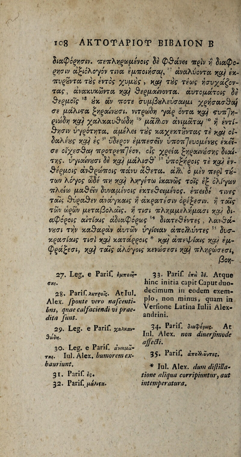 hottpogvio'iv, ^STcXy^yevoig Si ty&dvei itplv fj Sict(po* ^YjGiv d^icXoydv tivu ipLitotyffoth r dvuXvovTu yajj ex- nvgSvTa ra? evrog %UjWgV > K^f t«V reft)? yi<tvx*£ov- rug, dvaxvxwTa ngjj SegfiocivovTOt. dvroydroig Si Se^ycTg 28 8>c av ttots avyfixXevrouyi %^<7«(7&o/ <7H ydXizu fy%ouvis<Tt. vitqooSy) yd% ovtcc ygjj svn'Jy- ptASq ycy xuhxotijSooSyj ** ydTXov dviydrcq ’° yj ini- B'/jcrtv vygoTYjTct. dyeXet T&V /TCif t? o/- SctXeag ycfjj eg 31 vSegov eyirevetv vnorfevoyevag exil¬ es ol'xeo-dcif nvQQTQenvJeov, cfg ^vjgouvxtTyjg SiocZ- Tj'js'. iiyiodvaei Se yyjj ydXteff 52 U7rofygoig te gv- Seqyoig dv&qd'iroig irdw d&eTCi. dA' 6 yev me^l rx- tcdv Xoyog cSSs Try ygjj XviyeTOi) ixccvwg joTg g£ cXiyoov 'nXeioi) ya&etv Svmyevoig exre&eiyevcg. eixetSe Tiveg joug SvqccSev dvdyxoug yj dxgxreaiv o^e^eeiv. yj Toug t&v d(?Zv ysTGtfioXodg. yj tlet 'nXvjyyeXrjya'Ti xcy St- atyc^oig odnioug dSiccCpo^wg H SixTeSevreg , Xa\ vx<7t Tvjv xotSagdv dvrm vytetuv d'ncTXvvTeg 35 Sv<r- Ttgxrtaug tirrl yoy xccrd^oig * y&f direxf^ioug ycy ey- (Dgdfceo-t, yg) Toug dXoyoig xevcixjecri ycpj tcXY)%d<Te<ji, ftovi- 27. Leg, e Parif, envoiy- GVA. 28. Parif Aurgo7i;. At Iul, Alex, fponte vero nafcentX LfiSy quae calfaciendi vi prae- dita [tint. 29. Leg. e Parif. %xky.xv* 3w3>j. 30. Leg. e Parif, dvritnu- t»a. Iul. Alex, humor etnex- bauriunt. 31. Parif eg4 32. Parif. pstAirx* 33. Parif ifr« 31. Atque hinc initia capic Caput duo- decimum in eodem exem- plo, non minus, quam in Verlione Latina Iulii Alex¬ andria. 34. Parif. $iu<pcpu$. At Iul. Alex, non diuerjwwde ajjecit. 35. Parif. CtTTCykZvTee. * Iul. Alex, duitt diflilla- tione atiqua corripiuntur, aut intemferatura♦