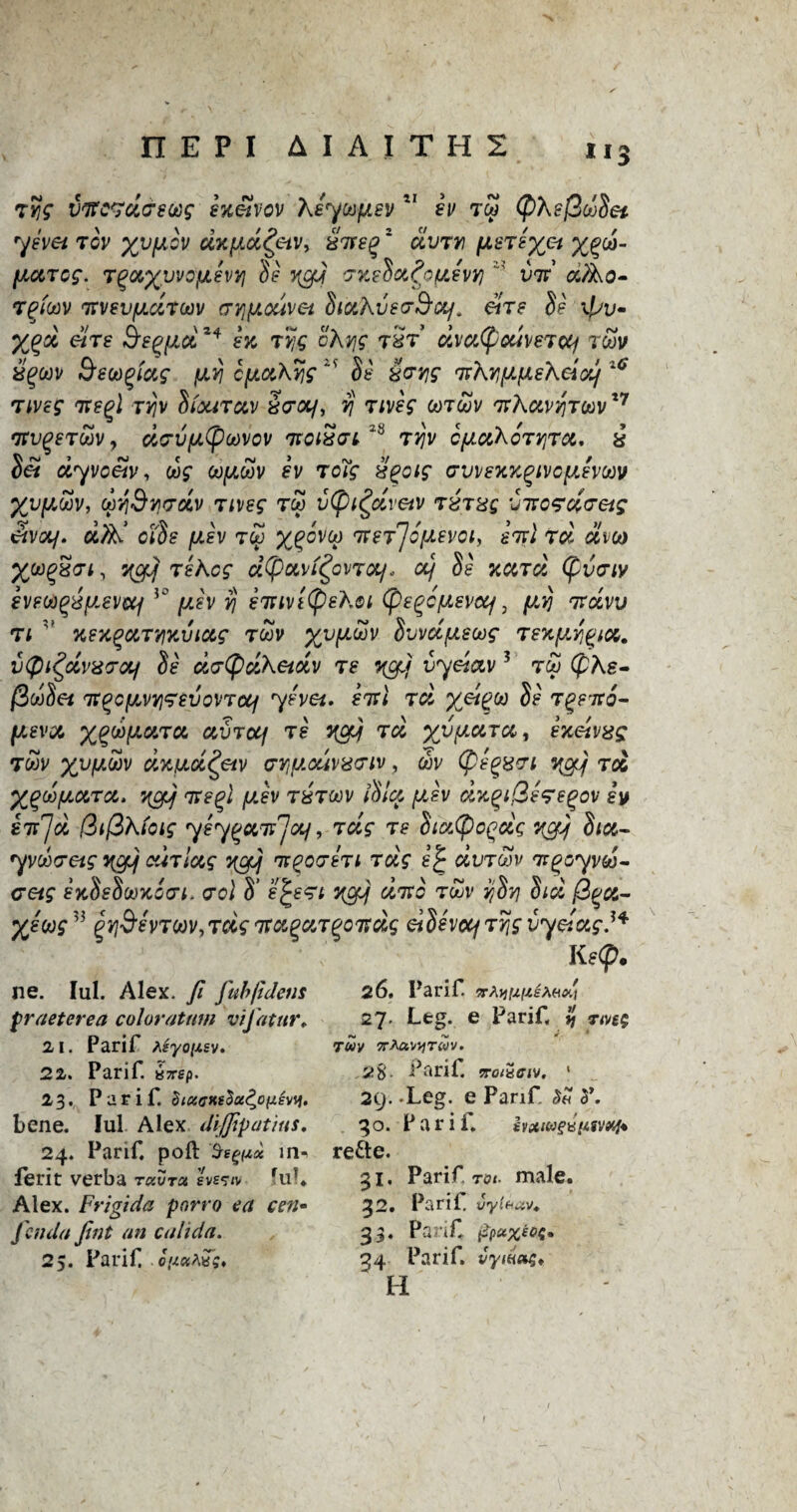 i*3 r^g vftcrd&su)g hiitvov KeyotijjLsv 11 ev tw 7evet rev xv^v dxfjtd^etv, xireg2 dvrn fjierexet %^w- liarcg. TgOt'XVVOp-ZVtf ?Xefia?0(ZeVV) i? vii a/ko- rejm Ttvevfjicirm cry}Jouvet fiiaKveeSctj. eire fie \pv Xgd e/re Septet*4 ex r’yjg oKvjg rSr dvaCpcdveraj t&i/ 8fwv fyew^iag (JLvj cfxaKyig §f 'nKTjfA.fJLsKeiodf ^ Tiveg TTS^l TjJv fi/X/raV So’Oif, 7] TiVSf OOT&V rrhavqrOOV*7 nrvqeroov 7 dpvfACpwvov noixa^ rvjv cf/.a'Koryjra. £ Set dyvci/v, dg oofxoov ev rdig £goig avvexxgivcfjievoov Xiififty, u)Yi&Yi<Td,v riveg rd v(pi£dvetv r£r%Q ‘Jirordretg 3va/. dftd oifie fjJv rd x^vV eneTr]6[Aevoi, errl rd dm %&>£S<7*, yew Tehcg d(puvi£onotf* cy fie xard (pvtriv eveiti%£(AevwfJ0 fj.h ij enrivi(pehoi (pe^cfAevcq, (ty nrdvv n v xex^aryxmag rSv xvF^v ^vctfieug rex(XY)%ia. vtpi^dvxra/ fie d<j(f>dKeidv re ngjj vyeiav ? to; (pAg- /2ctifiei Tr^cfjLvvj^evovToCf ye vet. sir l rd %e*£w r^eito- fJLsvot xgdfiarct uvTcq re J{cy rd xvftctTct, exe/vxg rdv xvV*®v dxfjA^etv oyifAoeiviuriv, oov (pegxri rd X^dfAMTcc. ygjf rre^l /aev r£rm iota, [lev dxqiQeregov ey erfd (2t(3hfoig yey^onr'jcLj, rcig re fiiatpc^dg ngj fiia- yvdcretg ygj cur lag xgdj wp overt rdg e£ dvrdv ra^oyvd- <r«? exdedooxovt. <rcl o e^ert ycy arrc row yoy oia p^ct- ’3 ^y&evroov,rdg rra^ar^oisdg eifievctj ryjg vy&ag.H Ke(p. 2 6. Parif. irfywxiXHO'!] 27. Leg. e Parif. j nve$ TUV 7T^M^T(OV. ,28- Parif. XOIUGIV. 1 29. -Leg. e Panf $u 3’. 30. Parif hotiwgunfVMj* re£te. 31. Parif rot. male. 32. Parif vyi^uVt 33. Parif 34 Parif vyiu&q* ~ H ne. Iul. Alex, ft fubjiJens fraeterea colorat am vijatitr. 21. Parif Affyo/zfv. 22. Parif 87rgp. 23. Parif dixGtteSu^ojulvif. bene. Iul Alex dijfipatius. 24. Parif poll m- ferit verba tkZtch gvs^/v fuf Alex. Frigida pnrro ca cen- fen da Jint an call da. 25. Parif cVaAtTs.