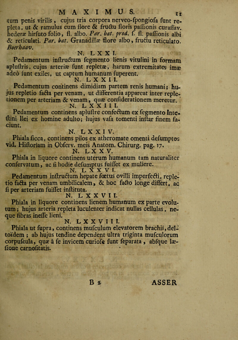 tum penis virilis, cujus tria corpora nerveo-fpongiofa funt re¬ pleta, ut & ramulus cum flore & fruftu floris pallionis curailav. hedera: hirfuto folio, fl. albo. Par. bat. prod. f. fl. pallionis albi & reticulati. Par. bat. Granadilte flore albo, frudu reticulato. Boerhaav. N. L X X I. Pedamentum inftruffum fegmento lienis vitulini in formam apluftris, cujus arteriae funt repletae, harum extremitates imae adeo funt exiles* ut captum humanum fuperent. N. L X X I I. Pedamentum continens dimidiam partem renis humani; hu¬ jus repletio fa&a per venam, ut differentia appareat inter reple¬ tionem per arteriam & venam, quae confiderationem meretur. N. L X X I I I. Pedamentum continens apluftre confeftum ex fegmento Inte- flini Ilei ex homine adulto; hujus vafa tomenti inftar finem fa¬ ciunt. N. L X X I V. Phiala ficca, continens pilos ex atheromate omenti defumptos vid. Hiftoriam in Obferv. meis Anatom. Chirurg. pag. 17. N. L X X V. p: Phiala in liquore continens uterum humanum tam naturaliter confervatum, ac fi hodie defumptus fuiffet ex muliere. N. L X X V I. Pedamentum inffrudfum hepate foetus ovilli imperfefti, reple¬ tio fafta per venam umbilicalem, & hoc fa&o longe differt, ac fi per arteriam fuiffet inftituta. N. L X X V I I. Phiala in liquore continens lienem humanum ex parte evolu¬ tum ; hujus arteria repleta luculenter indicat nullas cellulas, ne¬ que fibras ineffe lieni. N. L X X V I I I. Phiala ut fupra, continens mufculum elevatorem brachii, del- toidem ; ab hujus tendine dependent ultra triginta mufculorum corpufcula, qua: 4 fe invicem curiofe funt feparata , abfque lae- fione carnofitatis. B * ASSER