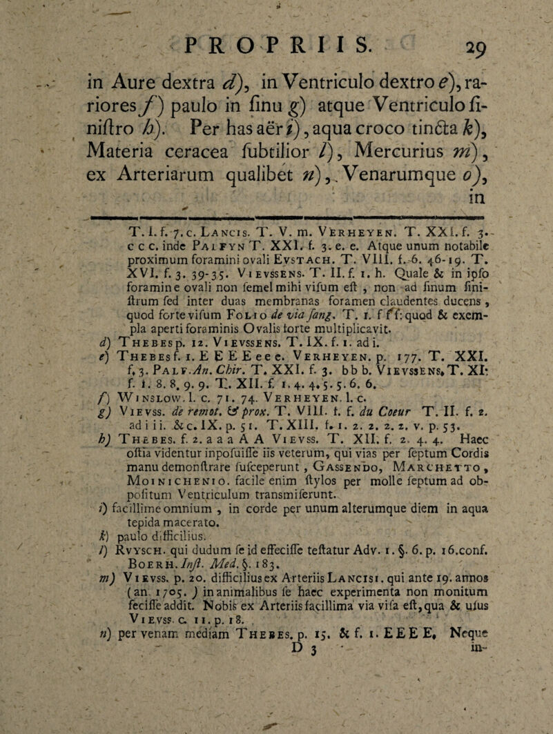 in Aure dextra d), in Ventriculo dextros),ra¬ riores^) paulo in finug) atque Ventriculo fi- niftro h). Per has aer/), aqua croco tin6ta&). Materia ceracea fubtilior /), Mercurius 7»), ex Arteriarum qualibet #),.. Venarumque 0), in T. Lf. 7.c. Lancis. T. V. m. Verheyen. T. XXI. f. 3*- c c c. inde Paifyn T. XXL f. 3. e. e. Atque unum notabile proximum foramini ovali Evstach. T. VIII. f.-6. 46-19. T. XVI. f. 3. 39-35. V1 evssens. T. II. f. 1. h. Quale & in ipfo foramine ovali non femelmihi vifum eft , non ad linum fini- ftrum fed inter duas membranas foramen claudentes ducens , quod fortevifum Folio de via fang. T. r. f ff:quod & exem¬ pla aperti foraminis Ovalis torte multiplicavit. d) Thebes pi. 12. Vi evssens. T. IX. f. 1. ad i. e) Thebes f. 1. E E E E e e e. Verheyen. p. 177. T. XXI. ft 3. Palv.An. Chir. T* XXL f. 3. bb b. Vievss)ens*T. XI*. f. i. 8. 8. 9. 9. T. XII. f. 1.4. 4*5. 5. 6. 6. f) WiNSLow.l. c. 71. 74. Verheyen, 1. c. g) Vi evss. de remot. & prox. T. VIII. t. f. du Coeur T. II. f. 2. ad i i i. & c. IX. p. 51. T. XIII. L1. 2. 2. 2. 2. v. p. 53. h) Thebes, f. 2. a a a A A Vi evss. T. XII. f. 2. 4. 4. Haec oftia videntur inpofuifle iis veterum, qui vias per feptum Cordis manu demon lirare fufeeperunt , Gassendo, Marchetto, Moinichenio. facile enim ftylos per molle feptum ad ob- pofitum Ventriculum transmiferunt. i) facillime omnium , in corde per unum alterumque diem in aqua tepida macerato. k) paulo difficilius. /) Rvysch. qui dudum fe id effecifle teftatur Adv. 1. §. 6. p. i6.conf. Boerh./«/?. Med.%. 183. - m) V1 evss. p. 20. difficilius ex Arteriis Lancisi. qui ante 19. annos (an 1705. ) inanimalibus fe haec experimenta non monitum fecifle addit. Nobis ex Arteriis faqillima via vifa eft,qua & ufus V I E VSS C. I I. p. I 8. «) per venam mediam Thebes, p. 15. & f. 1. ££££« Neque D 3 * in-