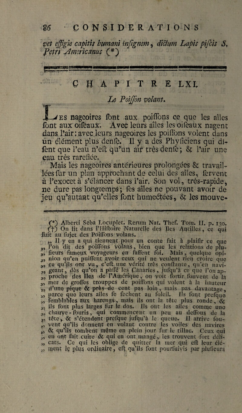 ^et effigie capltîs hwnanî infignetn 5 (iî&ifm Lapis plfcis S, Pétri Aimricanus CHAPITRE LXE Le Poljffion volant. T J-^ES nageoires font aux poiflbns ce que les ailes fout aux oifeauX. Avec leurs ailes les oifeaux nagent (dans l’air; avec leurs nageoires les poillbns volent dans un élément plus denfe. Il y a des Phyficiens qui di- lènt que l’eau n’efî; qu’un air trèsdenle; & l’air une eau très raréfiée, Mais les nageoires antérieures prolongées & travail¬ lées fur un plan approchant de celui des ailes, fervent à l’exocet à s’élancer dans l’air. Son vol, très-rapide, ne dure pas longtemps; fes ailes ne pouvant avoir de jeu qu’autant qu’elles font humeétées, & les mouve- Albert! Seba Lociiplet, Renini Nat. Thef. Tom. II. p. 130. Ç-f) On lit dans l’IIiftoirc Naturelle des Iles Antilles, ce qui fuit au fujet des Poiirons volans. 5, Il y en a qui tiennent pour un conte fait à plaifir ce que 5, l’on dit des poiflTons volans, bien que les relations de plu- 3, lieurs fameux voyageurs en faflent foi. Mais, quelque opi- 3, pion qu’en puiflent avoir ceux qui ne veulent rieij croire que 3, ce qu’|ls ont vu, c’efl une vérité très confiante, qu’en navi- 3, géant, .d6s qu’on a palTé les panaries, jufqu’à ce que l’on ap- 3, proche des Iles de l’Amérique, on voit fortir Ibuvent de la 3, mer de grolfes trouppes de poifTons qui volent h la hauteur 5, d’une pique & près de cent pas loin, mais pas davantage, 3, parce que leurs ailes fe fechent au foleil. Ils font prcfque 3, femblables aux harengs, mais ils ont la tête plus ronde, & 33 ils font plus larges fur le dos. Ils ont les ailes comme une 3, chauye - fouris, qui commencent un peu au deflous de la 5, tête, & s’étendent prcfqiie jufqu’à le queue. Il arrive fbu- ,, vent qu’ils donnept en volant contre les voiles des navires ,, & qu’ils tombent même en plein jour fur le tillac. Ceux qui ,, en ont fait cuire & qui en ont mangé, les trouvent fort déli- „ cats. Ce qui les oblige de quitter la mer qui efl leur élé- 3, ipent le plus ordiuMr^ ? cil qu’ils font pourfuiyis par plufieurs