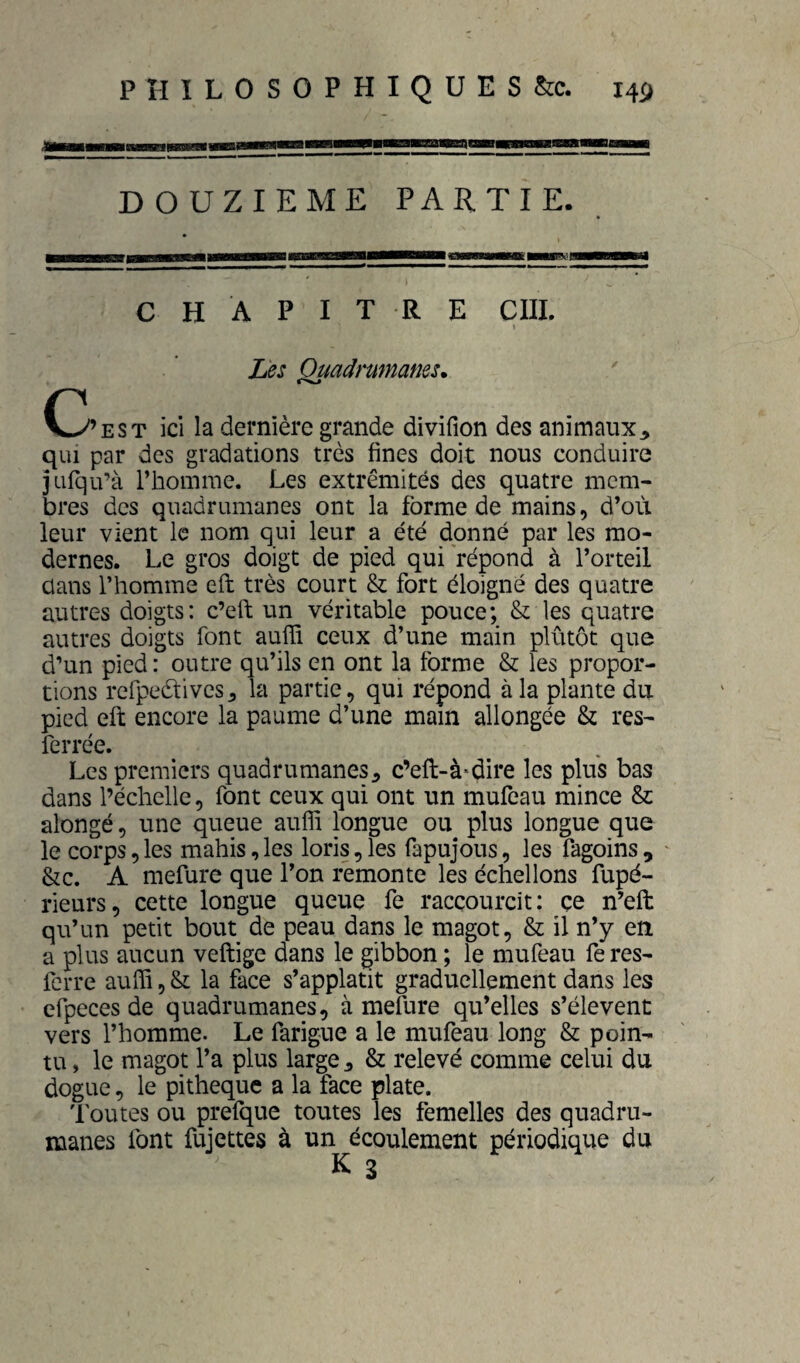 DOUZIEME PARTIE. CHAPITRE cm. 1 Les Quadrumanes. C!'’est ici la dernière grande divifion des animaux^ qui par des gradations très fines doit nous conduire jufqu’à l’homme. Les extrémités des quatre mem¬ bres des quadrumanes ont la forme de mains, d’où leur vient le nom qui leur a été donné par les mo¬ dernes. Le gros doigt de pied qui répond à l’orteil dans l’homme eft très court & fort éloigné des quatre autres doigts: c’eft un véritable pouce; & les quatre autres doigts font aufli ceux d’une main plûtôt que d’un pied : outre qu’ils en ont la forme & les propor¬ tions refpeètiveSj la partie, qui répond à la plante du pied eft encore la paume d’une main allongée & res- ferrée. Les premiers quadrumanes, c’eft-à*dire les plus bas dans l’échelle, font ceux qui ont un mufeau mince & alongé, une queue auffi longue ou plus longue que le corps,les mahis,les loris,les fapujous, les fagoins, &c. A mefure que l’on remonte les échellons fupé- rieurs, cette longue queue fe raccourcit: çe n’eft qu’un petit bout de peau dans le magot, & il n’y en a plus aucun veftige dans le gibbon ; le mufeau feres- ferre auffi, & la face s’applatit graduellement dans les efpeces de quadrumanes, à mefure qu’elles s’élèvent vers l’homme. Le farigue a le mufeau long & poin¬ tu , le magot l’a plus large, & relevé comme celui du dogue, le pitheque a la face plate. Toutes ou prefque toutes les femelles des quadru¬ manes font fujettes à un écoulement périodique du