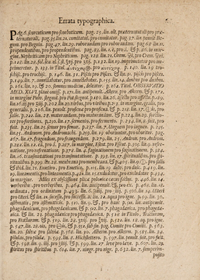 / - Errata typographica.  / '» \ PAg.6. fcorcuticumprofcorbuticum. pag. 2 j, Im. ult. praternatutalipro pra- ternatumlu pag.35.lin.21. comitatui, pro comitatur, pag. 37. lin. penult.Be- gum.proBeguin. pag.47.lin.27. roborandum pro roborandam, pag.6>8 linar, propendentibus, pro propendentibus, pag. 83. lin.^ pro d- C3 p. 86. in mar¬ gine. Nephriticam pro Nephriticum. pag. i28.lin.2i.Grem. yi,proCrem. 5ri. p. i;?£. lin.28.fol. fen. el.f.fi. %v).pro 5tj. p.132. lin.17.imprimet et wtpro im¬ primeretur. p. 133-hi Titul. avTGx&z&p*0 civTcx&t' P• l9 tY0 fchifc.protrochifc, p. 146. lin. 31. Pifcispro Pifces. &lin.$f. pifchpro pifces. p.\4\).lin. 7. annedabatur,pro annectebatur, p.155. lin. 14. duobus pro duabus., p. 161. lin. 17. 2o.fomnus modicus, deleatur, p. 162. Titul. OBSERVATIO MED. XLVl. plane omijfi p. 171. lin. aniipenult. Alkern.pro Alkerm. 1/2. in margine Pulv. ftegnot.pro Pot.fiegnot.p./8o. lin.26. afjeChiproaffedu.p.tsp. lin.16.hj.pro %iij.p.202.lin.20.virbuspro viribus.p.213. in marginergralis, pro generalis, p.216. lin. penult. proficuec pro proficua. & p. 218. lin. 17. (p ks, pro falis, p.222. lin. 28. maturandum,pro maturandam. p.224. lin.27. fordtio- res pro fortiores. p,2jo. lin. 17. fermento, pro fermento, p. 234. lin. 8. fuit, pro fuit. p. 235 .lin. 25. femur pro femur, p.237. lin. 7. Unguem pro inguen, p.245. lin.35. Andruom.pro Andromachi. P.257M11.17 oboriuntur, pro oboritur, pag. 267. lin.27. fragendum, pro frangendum, p.277. lin. 2 5. Andron, pro Androni. p.282. lin.12. ed, pro d. p.287. in margine, Efent.pro Efient.p.305. lin.7. refre¬ natione,pro refrenatione, p.378. lin. 4. faginationempro faginationem. p. 384. lin. 16. tranfmutationi pro tranfmutatione. p. 3(73. lin. i7.jfiiritualibns,pro ffii- ritualibus.p.377. lhi.28. menbranapromembrana. &p*40$. lin.p.Q).pro falis & ibid. lin. 21. Emetiro, pro Emetico. p.115. lin. /9 dulv. pro dulc. p.419. lin. 17. lineamentis,prrolinteamentis.p.421.lin. 15.exdudatur,pro excludatur p.434. in margine. Miles ex abfcifjione plica polonica cacusfatlus. p. 446. lin. 14. verberibn:,pro verberibus, p. 464. lin. aniipenult. &,p*o ex. p. 468. lin. /8* ordinata, pro ordinatum p.473^ lin. 6.$iiij. pro iiij. p.506.lin 14. illteri pro Uteri. & lin. 2i.fucejfu,pro(ucceffu. ac lin. 22. aqua pro igne, p» 57. lin. 30. afthmatis,pro afthmaticis. p. 510. lin.7.pro hanc p.511. lin.antipenv.lt, phagadanicum,pro phagedanicum. & p. 512. lin. 7.phagadanica, pro ph age da- mea. & lin. 23. pbagadanicnprophagedanica. p.518 in Titulo, Traduramt pro Er aduram. & p. 517. lin. 28.$vij. pro 3vij. p.522. Un. 18. aq. pro igne, p. 547.bin. 28.ois, pro Qis, p. ^jt.fubfm. pag. Comite pro Comiti, p. 563. lin. 20. falva pro falvia. p.568. lin. 30. Alberm.pro Alkerm. p. 585. lin. 34. pilulas, pro pilula, p. 573. lin. 8. Hochftettero. p. 577. lin. penult. fuit, pro fuit. &p. 5 78. lin. 7. iiij. pro iiiij. & p. 577. lin. 27 leve pro lave. p. 607. lin. 2$. jfiiritus pro Jpiritibns p. 614, lin.7, ningr.pro nigr. p.632. lin.7.fumperim-