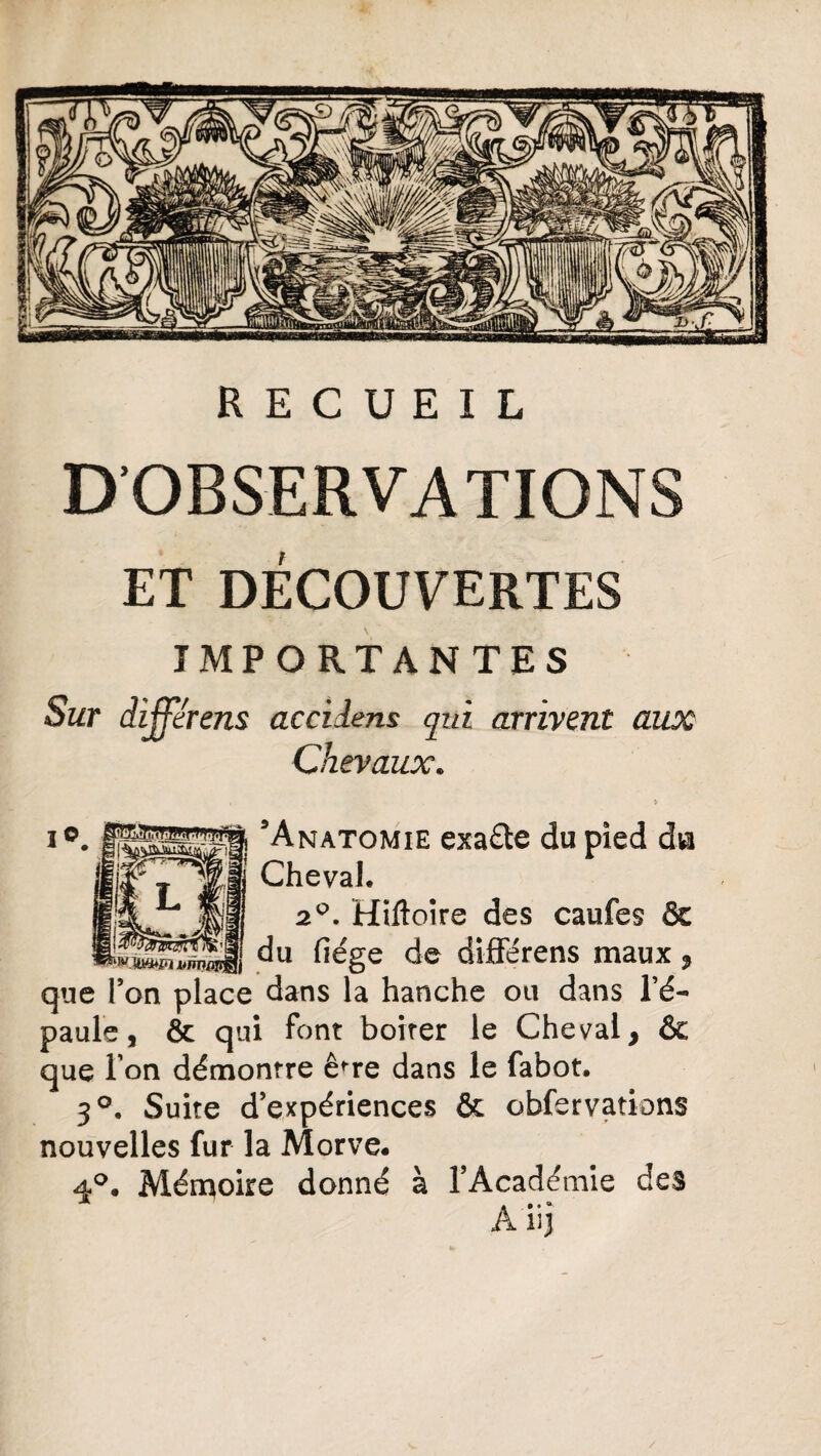 D’OBSERVATIONS ET DÉCOUVERTES IMPORTANTES Sur diffcrens accidens qui arrivent aux Chevaux. Anatomie exa£ïe du pied dvi Cheval* 2q. Htftoire des caufes & w du fiége de différens maux , que Ton place dans la hanche ou dans l’é¬ paule, & qui font boiter le Cheval, & que l’on démontre êfre dans le fabot. 3°. Suite d’expériences & obfervations nouvelles fur la Morve. 4°. Mémoire donné à l’Académie des À HJ