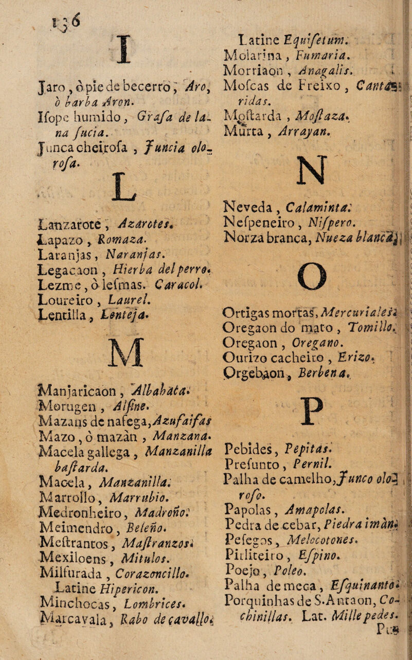 Jaro, o pie de becerro, Aro, o barba Avon. Ifope húmido, ¿fe la¬ na fucia. Juncaoheirofa , Juncia oh- rofa* L tan 7 aróte , A zar otes* trapazo, Romaza. Lata tijas, Naranjas. Legacaon , Hierba del perro* Lezroe, ó Íeímas. Caracol. Loureiro , Laurel. JLentiüa , Lenteja* Manjaricaon, Albahdéa• Morugen, A ¡fine» Mazaos de nafega jAzufaifas Mazo, ó mazan > Manzana. Mácela gallega, Manzanilla b aji arda. Maoela, Manzanilla. M arrollo, Marrubia. Medronheiro, Madroñal Meimendro, Beleño* Medrantes, Majlranzosi Mexiloens, Mitulos. Millarada , Corazoncillo* JLatine Hiper icón. Minchocas, Lombrices* Marcayala, decava[¡o¿ Latine Eqmfetum. Molarina, Fumaria. Morriaon , Anagalis.. Mofeas de Freixo, Cantóte ■ rídas. Mgftarda , Mojlaza• Murta, Arrayan. N Neveda, Calaminta: Nefpeneiro, Nijpero. Norza branca, NW-stf blancijf Ortigas morras, Mercuriales! Ore saon do mato , Tomillo: |j Oregaon , Orégano. Oarizo cacheito , Erizo• Qrgebaon* Berbén a,, Pebides, Vepitas* Prefunto, Pemil. Palha de camelho,/«^ 0/03 ¡ | r^/9. ’ l;f Papólas, Amapolas. Pedia de cebar, Piedra imán« b Pefeeos, Melocotones. Pirliteiro, E/pino. Poejo, Poleo. Palha de meca, Efquinanto* PorqüinhasdeS.Antaon,CV~ | chimilas. Lat. Millepedes.