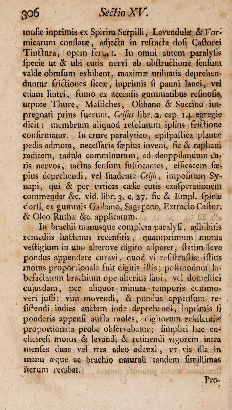 tuofte inprimis ex Spiritu Serpilli, Lavendulae & For¬ micarum conflatae, adjefta in refra&a dofi Caflorei Tinftura, opem fervit. In omni autem paralyfis fpecie ut & ubi cutis nervi ab obftruftione lenium valde obtufum exhibent, maximae utilitatis deprehen¬ duntur friftiones ficcae, inprimis fi panni lanei? vel etiam lintei, fumo ex accenfis gummatibus refinofis* urpote Thure, Maffiches, Olibano & Succino im- pregnati prius fuerunt*. Celfiis libr. 2. cap 14. egregie dicit: membrum aliquod refolumm iplius frictione confirmatur. In crure paralytico, epilpaffica plantse pedis admota, neceflaria fiepius inveni, fic & raphani radicem, radula comminutum , ad deoppilandum cfc- tis nervos, taflus fenfum fuffiocantes, efficacem fie- pius deprehendi, vel fuadente Celfoimpolitum Sy- napi, qui & per urticas caefae cutis exafperationem commendat &c. vid. libr. 3, c. 27. fic & Empl. fipinae dorfi, ex gurnmis Galbano, Sagapeno, Extracto Caflor. & Oleo Rutha? & c. applicatum. In brachii manusque completa paralyfi, adhibitis remediis haftenus recenfitis, quamprimum motus5 veftigium in uno alterove digito ad paret, flatim levo pondus appendere curavi, quod vi refiflenflke iflius motus proportionale fuit digitis -illis;. poflniodumla- befaGatum brachium ope alterius fani, vel domeffici cujusdam, per aliquot minuta temporis commo- veri jufli: vim movendi, & pondus appenfum re*’ \ fiflendi indies aucfam inde deprehendi, inprimis fi ponderis appenfi aufta moles,/digitorum refiflentiae proponionata probe obferyabatur: fimplici hac en- cheireli motus 3i levandi & retinendi vigorem intra inenfes duas vel tres adeo adauxi, ut vis illa in manu seque ac brachio naturali tandem fimillirnas iterum redibat.
