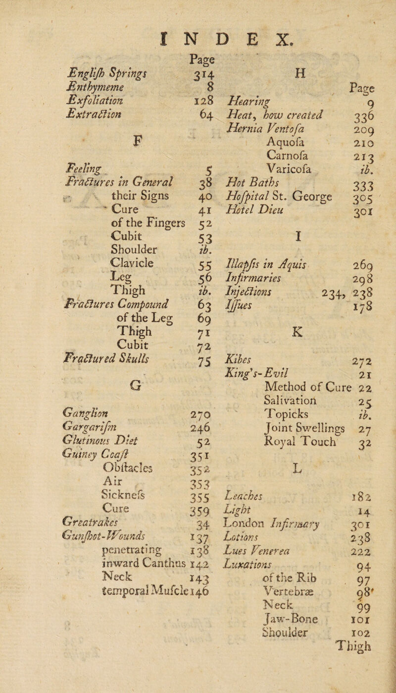 I N : D E X. Page Englijh Springs 3J4 H Enthymeme 8 Page Exfoliation 128 Hearing 9 Extraction 64 Heat, how created 336 Hernia Ventofa 209 F A quo fa 210 Carnofa 212 Feeling 5 Varicofa Fractures in General 38 Baths 333 r- their Signs 40 Hofpital St. George 3°5 • Cure 41 Hotel Dieu 301 of the Fingers 52 Cubit 53 I Shoulder ib. Clavicle 55 lllapfis in Aquis 269 ■JfS , 56 Infirmaries 298 Thigh ib. Injections 2 24, 238 Fractures Compound 63 IJfiues 178 of the Leg 69 Thigh 71 K Cubit 72 Fractured Skulls 75 Kibes 272 King s-Evil 21 G Method of Cure 22 Salivation 25 Ganglion 270 Topicks Gargarifm 246 Joint Swellings 27 Glutinous Diet 52 Royal Touch 32 Gainey Ccajl 35i Obitacles 352 L Air 353 Sickoels 355 Leaches 182 Cure 359 Light 14 Greatrakes ' 34 London Infirmary 301 Gunjkot- Wounds *37 Lotions 238 penetrating 138 Lues Venerea 222 inward Canthus 14.2 Luxations Q4 Neck H3 of the Rib 97 temporal Mufcle 146 Vertebrae 98' Neck 99 Jaw-Bone IOX Shoulder 102 • Thigh