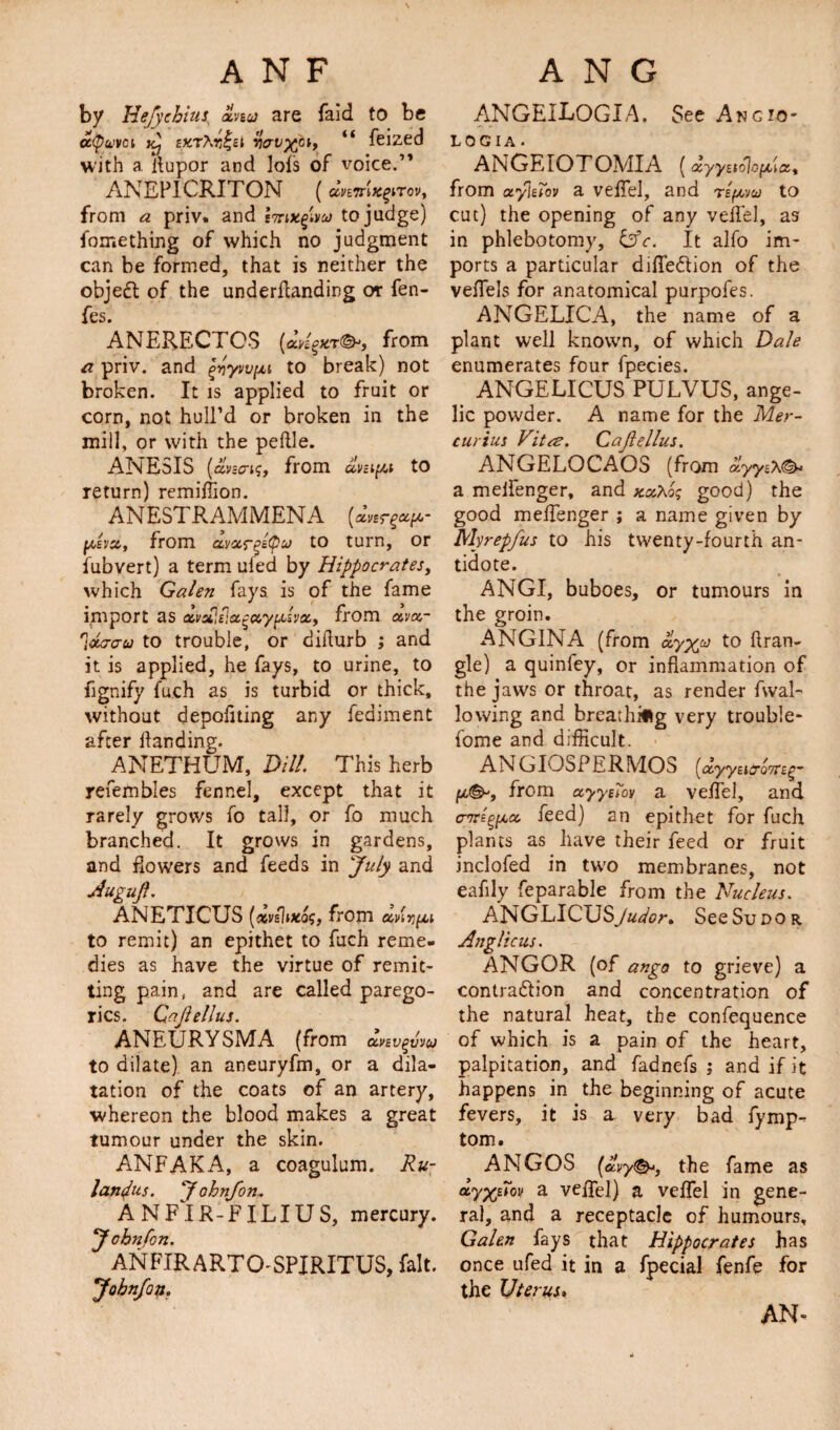by Hejychius a,vw are faid to be utyuvci k) exrAiilsi viavxpi, “ feized with a ilupor and lofs of voice.” ANEPICRITON (cmtyrop, from a priv. and hrutglvu to judge) fomething of which no judgment can be formed, that is neither the objedt of the underflanding or fen- fes. ANERECTCS from a priv. and gvyw/xi to break) not broken. It is applied to fruit or corn, not hull’d or broken in the mill, or with the peftle. AInESIS {clna^} from clvci^t to return) remiffion. ANESTRAMMENA (ctvErgeifA- [aevx,, from ay<xrg£<pu) to turn, or fubvert) a term uied by Hippocrates, which Galen fays is of the fame import as ccvsiflcL^ccy^lvccy from ava,- 'jccaau to trouble, or diflurb ; and it is applied, he fays, to urine, to fignify Rich as is turbid or thick, without depofiting any fediment after handing. ANETHUM, Dill. This herb refembies fennel, except that it rarely grows fo tall, or fo much branched. It grows in gardens, and Rowers and feeds in July and Auguf. ANETICUS [weltxog, from to remit) an epithet to fuch reme¬ dies as have the virtue of remit¬ ting pain, and are called parego¬ rics. Gajiellus. ANEURYSMA (from anv^vvij to dilate) an aneuryfm, or a dila¬ tation of the coats of an artery, whereon the blood makes a great tumour under the skin. ANFAKA, a coaguium. Ru- lantfus. J ohnfon, A NFIR-FILIUS, mercury. J ohnfon. ANFIRARTO'SPIRITUS, fait. J ohnfon. ANGEILOGIA. See Angio- logia . ANGEIOTOMIA ( d'/yeioloflcti from cryletov a veffel, and te/xsw to cut) the opening of any veffel, as in phlebotomy, &amp;c. It alfo im¬ ports a particular dilfe&amp;ion of the veffels for anatomical purpofes. ANGELICA, the name of a plant well known, of which Dale enumerates four fpecies. ANGELICUS PULVUS, ange¬ lic powder. A name for the Mer- turius Vita. Cajlellus. ANGELOCAOS (from ayyeA©* a meifenger, and good) the good meifenger ; a name given by Mnepfus to his twenty-fourth an¬ tidote. ANGI, buboes, or tumours in the groin. ANGINA (from olyx^ t0 hran- gle) a quinley, or inflammation of the jaws or throat, as render fwal- lowing and breathing very trouble- fome and difficult. ANGIOSPERMOS [oiyyi\crQrjti(g from ayyfioy a veffel, and cnregfAcc. feed) an epithet for fuch planes as have their feed or fruit inclofed in two membranes, not eafily feparable from the Nucleus. ANGLICUS Judor, See Sudor Anglicus. ANGOR (of ango to grieve) a contra&amp;ion and concentration of the natural heat, the confequence of which is a pain of the heart, palpitation, and fadnefs ; and if it happens in the beginning of acute fevers, it is a very bad fymp- tom. ANGOS (avy<&amp;, the fame as dyxEw a veffiel) a veffel in gene¬ ral, and a receptacle of humours, Galen fays that Hippocrates has once ufed it in a fpecial fenfe for the Uterus,