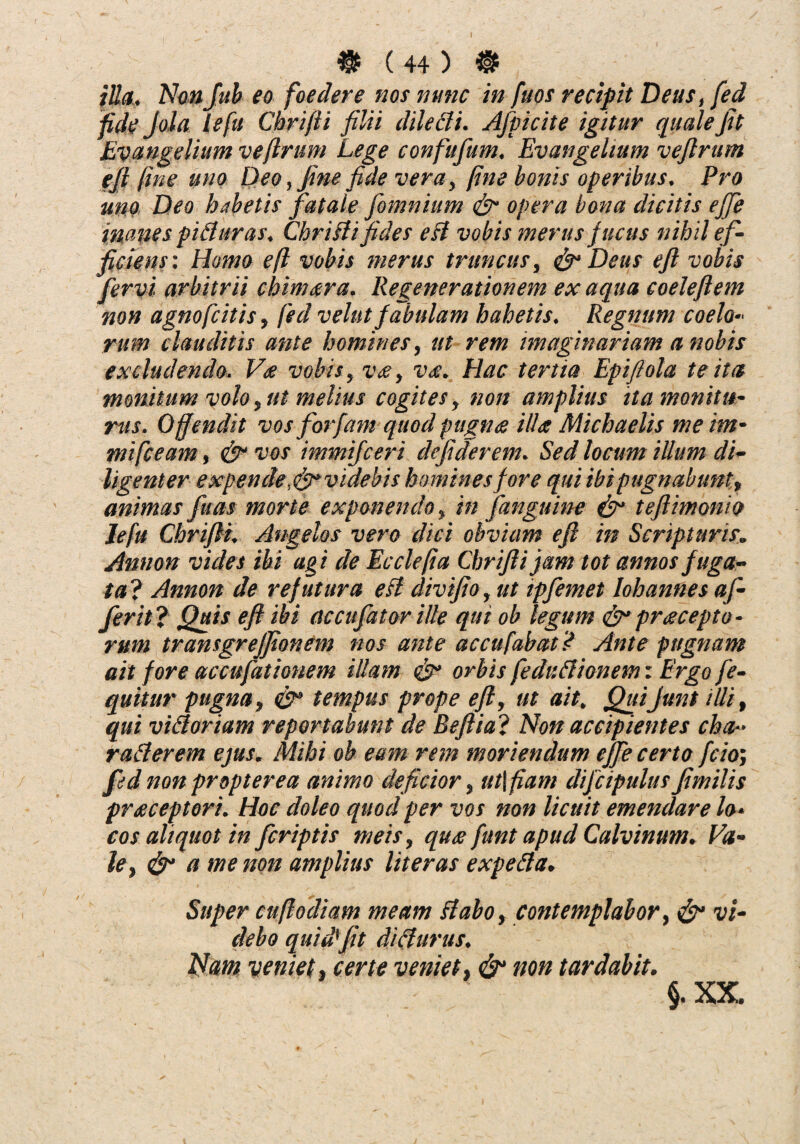 j'lia, Nonjub eo foedere nos nunc in fuos recipit Deus, fed fide Jola te fu Chrifii filii dileCli. Afpicite igitur quale jit Ev angeli um ve (Irum Lege confufum. Evangelium vejlrum eft fine uno Deo, jine fide vera, fine bonis operibus. Pro uno Deo habetis fatale fomnium & opera bona dicitis ejfe inanes pi Auras. Chrifii fides eft vobis merus fucus nihil ef¬ ficiens: Homo e fi vobis merus truncus, & Deus eft vobis fervi arbitrii chinidtra. Regenerationem ex aqua coeleftem non agnofcitis, fed velut fabulam habetis. Regnum coelo¬ rum clauditis ante homines, ut rem imaginariam a nobis excludendo. Vee vobis, vm, va. Hac tertia Epiftola te ita monitum volo, ut melius cogites, non amplius ita monitu¬ rus. Offendit vos forfam quod pugna illa Michaelis me im- mifceam, & vos immifceri defiderem. Sed locum illum di¬ ligenter e xpen de,&videbis homines fore qui ibi pugnabunt, animas fuas morte exponendo, in fiznguine & teftimonio Jefu Chrifii. Angelos vero dici obviam eft in Scripturis, Annon vides ibi agi de Ecclefia Chrifii jam tot annos fuga¬ ta ? Annon de refutura eft divifio, ut ipfemet Iohannes af¬ fer it? Quis eft ibi accufator ille qui ob legum & pracepto- rum transgrejfionem nos ante accufabati Ante pugnam ait fore accufationem illam & orbis feduCtionem: Ergo fe- quitur pugna, & tempus prope eft, ut ait. QuiJunt illi, qui viSloriam reportabunt de B eft i a ? Non accipientes cha¬ racterem ejus. Mihi ob eam rem moriendum ejfe certo fcio; fed non propter ea animo deficior, ut\fiam difcipulus Jimilis pr deceptori. Hoc doleo quod per vos non licuit emendare lo¬ cos aliquot in fcriptis meis, quee funt apud Calvinum. Va¬ le, & a me non amplius liter as expeCta. Super cuflo diam meam flabo, contemplabor, & vi¬ debo quidfit dicturus. Nam veniet, certe veniet, & non tardabit. §. XX.