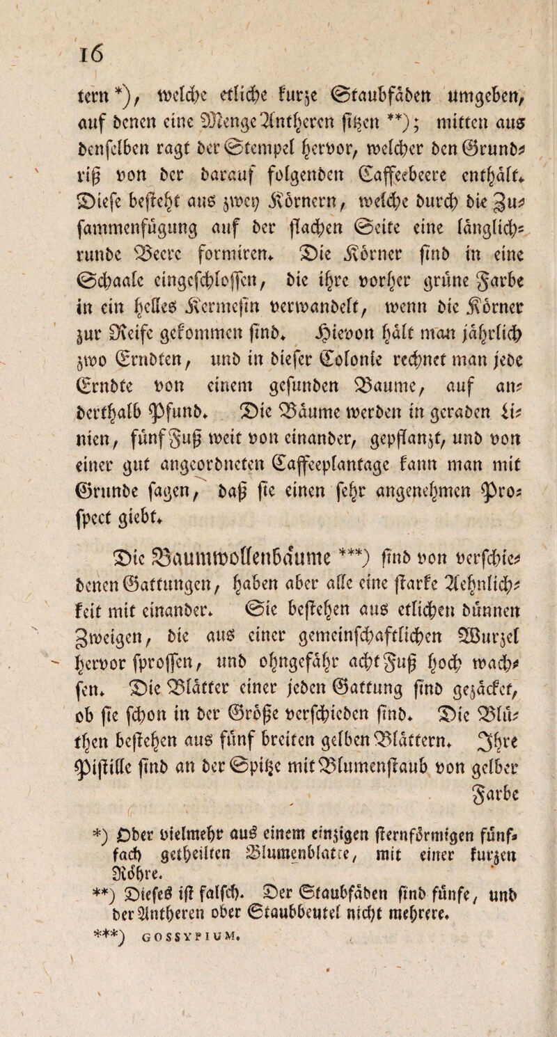 fern*), weld>e etliche furje @taubfdbett umgeben, auf benen eine 9)lenge2(nt^ercn fi^en **); mitten aus bcnfctben ragt ber@tempet prDor, meiner ben®runb? rifi Don ber barauf folgenben ©affeebeere cntptf* Siefe befielt am $wep Römern, wefd;e burcb bk gu* fammenfugimg auf ber fiacben ©eite eine fdng[id;s runbe SSeerc fotmiren* Sie jvbrner finb tu eine ©cpatc eingcfcblcf(ctt, bie ttjre Dorier grüne garbe in ein fiefles itermcfm Derwanbeft, wenn bie J^ornec $ur Ovetfe gefommcn finb* JpieDon pk man jdptid) §wo (Ernbfen, unb in biefer Kolonie rechnet man jm (Ernbte Don einem gefunben 25aume, auf an? bertptb <Pfunb* Sie 55dume werben in geraben iit nien, funfjufi weit Don etnanber, gepflanzt, unb Don einer gut angeorbneten ©affeeptantagc fann man mit ©runbe fagen, bafi ftc einen fep angenehmen ^3ro? fpect giebf* Sic Saummolleubaume ***) finb Don Derfdnc? benen ©attungen, pben aber aflc eine fiarfe 2fepticp feit mit einanber* @ie befielen am etlichen bannen Zweigen, bie am einer gemeinfd;aftKd?en 5Bur$ef prDor fprojfen, unb opgefdp aep^ufi pcb wad;? fen* Sie glatter einer jeben ©aftung finb ge^defet, ob fle fd)on in ber ©rbfie Derfdfieben finb* Sie 35lu? tpn befielen am fünf breiten gefben Gattern* 3Pe ^ijlitte ftnb an ber ©ptße mif33[umenjlaub Don gelber garbc r; *) Ober Dielmebr au£ einem einigen fiernfbrnugen fünf* fad) geteilten Stumenbtatte, mit einer furzen **) Sbtcfeel ifi falfcf)* £)er ©taubfdben finb funfe, unb ber^nt&eren ober ©taubbeutet nicht mehrere* ***) GOSSYPIUM. \ ' *