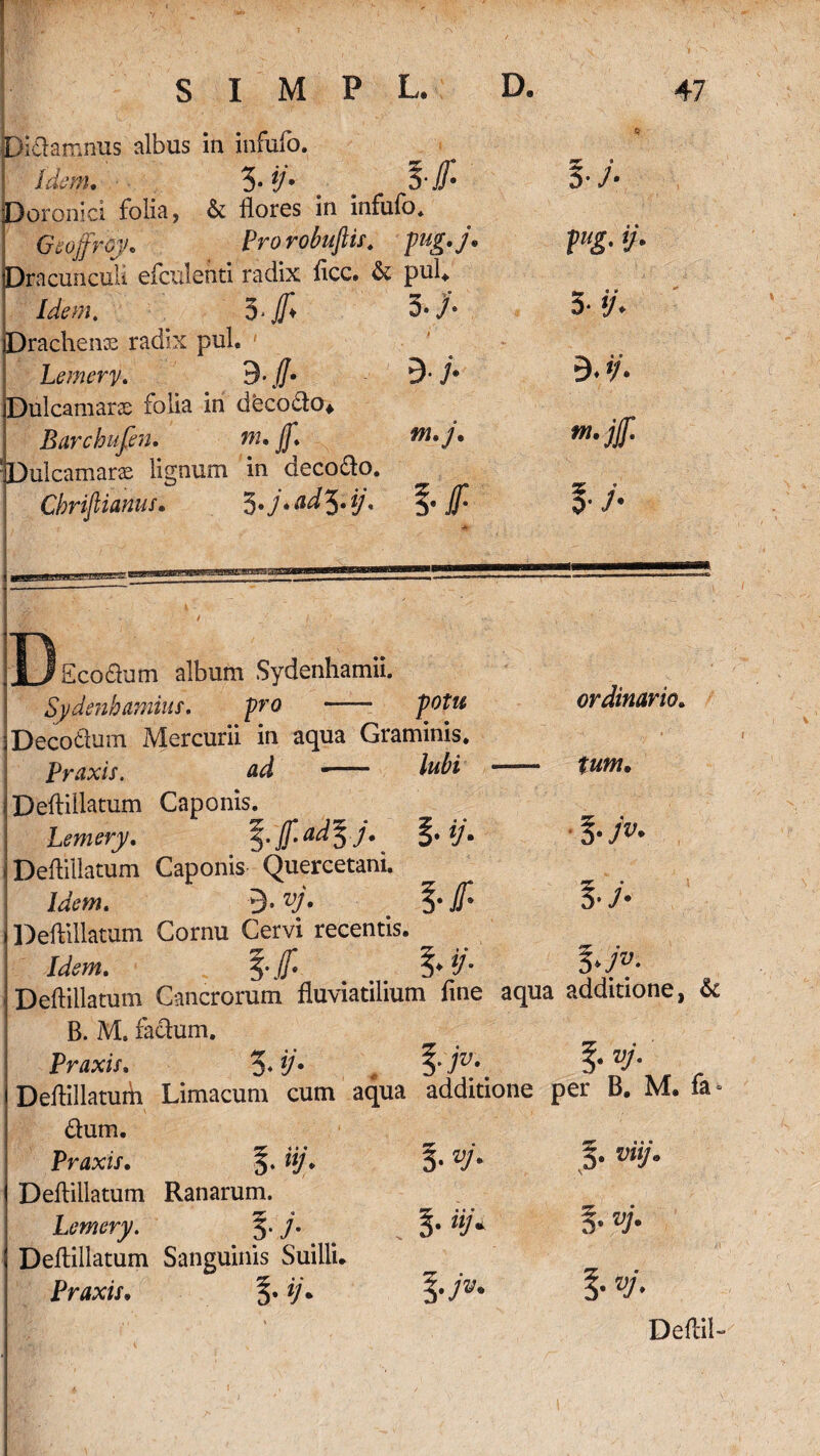 Di&amnus albus in infufo. Idam, 3 • i/• 5-Jf* Dorpnici folia, & flores in infufo* Geojfrcy. Prorobuftis. pug.j. Dracunculi efculenti radix ficc. & pub Idem. 3 • Jf* 3* /• Drachen® radix pul. » Lemery. 9- ./• Dulcamarae folia in decodo* Barcbufen. w» jf* m*J• :Dulcamaras lignum in decodo. Chrifiianus, ^jdad^.ij, Jfm D EcoQum album Sydenhamii. Sydenbamiur, pro —— ordinario. iDecodum Mercurii in aqua Graminis* Praxis. ad ~— ——- tum, Deflillatum Caponis. Lemery. Ifadlj. $. ij. l-jv. Deflillatum Caponis Quercetani. 9. 1* i/® 3* /• ) Deflillatum Cornu Cervi recentis. Deflillatum Cancrorum fluviatilium fine aqua additione, & B. M. facium, Praxis. 5* i’7^* ^ Deflillatum Limacum cum aqua additione per B. M. fa * dum. Praxis, 5* v5# v^Ja Deflillatum Ranarum. Lemery. §./. 5* 1* vh \ Deflillatum Sanguinis Suilli* Praxis, ij* jv* Deftil-