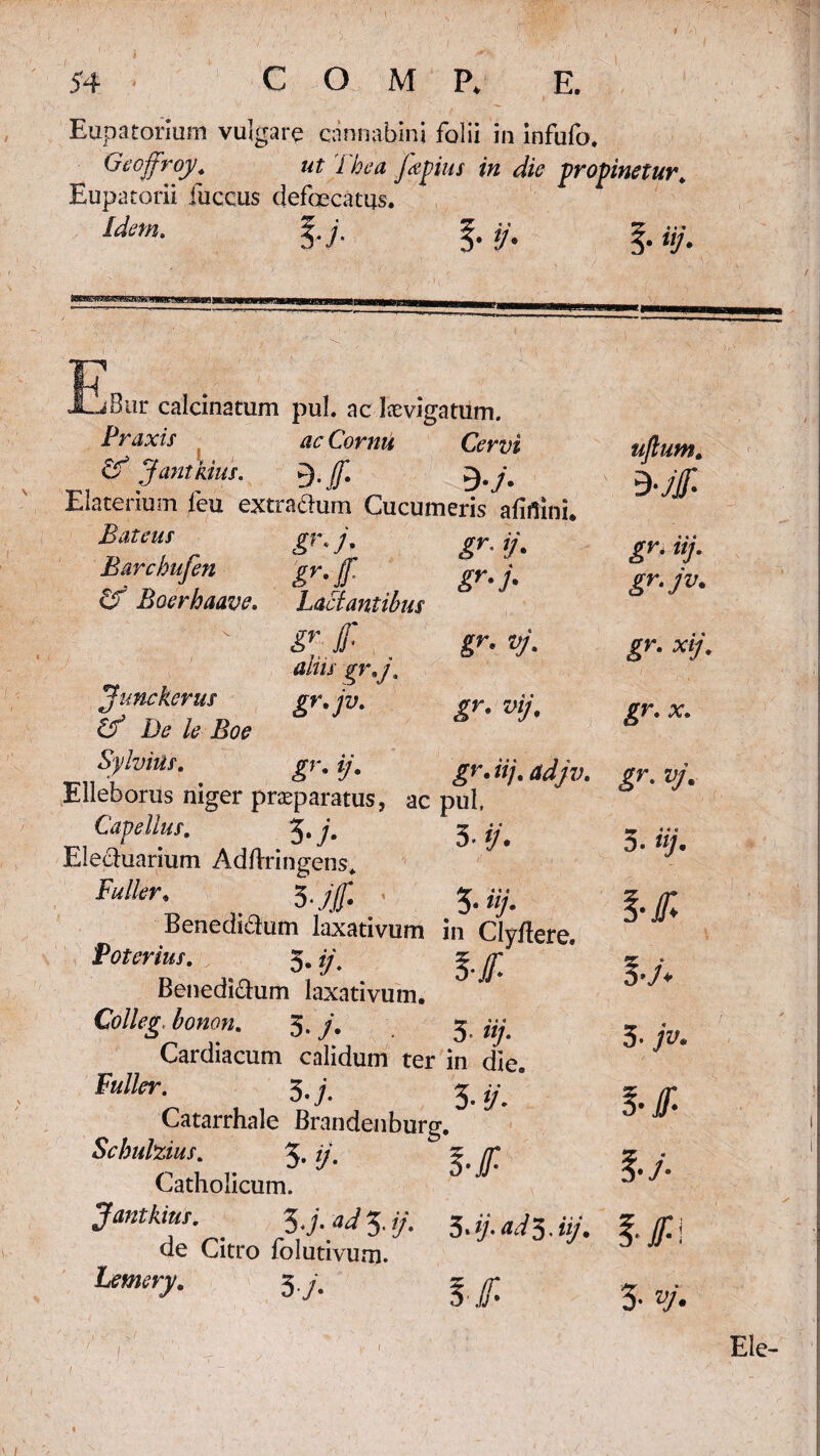 I 54 C O M P. E. Eupatorium vulgare cannabini folii in infufo. Geoffroy. ut Thea jfapius in die propinetur; Eupatodi fuccus defaecatus. Idem. ~  V' iBur calcinatum pul. ac levigatum. Praxis ac Cornu Cervi & Jantkius. $.Jf. g.y. Elaterium feu extradum Cucumeris alifiini. Bateus Barchufen £f Boerhaave. Junckerus Cf De le Boe SylviUs. £r-f Lactantibus Sr £ aliis gr»j. gr.jv. gr- 9* ST-}- gr. vj. gr. vij. grdij. adjv. gr'9' Elleborus niger prasparatus, ac pul, Cape Ilus. 5* j* 5' y. Eleduarium Adftringens. _ 5 .jf • 5. iij. Benedictum laxativum in ClyAere, foterius. 3. ij, Benedidum laxativum. Colleg bonon. 3. j. 3. iij. Cardiacum calidum ter in die. FMer. 5.j. 3. ij.' Catarrhale Brandenburg. Schuhius. 5- y. ?, (T Catholicum. Jantkim. ^.j.ad^.ij. 5jj.aJ5.iij. de Citro folutivum. 3y. gjr uflum. *j£ gr. tij. gr.jv. gr- XV- gr. x. gr. vj. 3- «>'. •7* 3. j- l£\ 3- Ele-