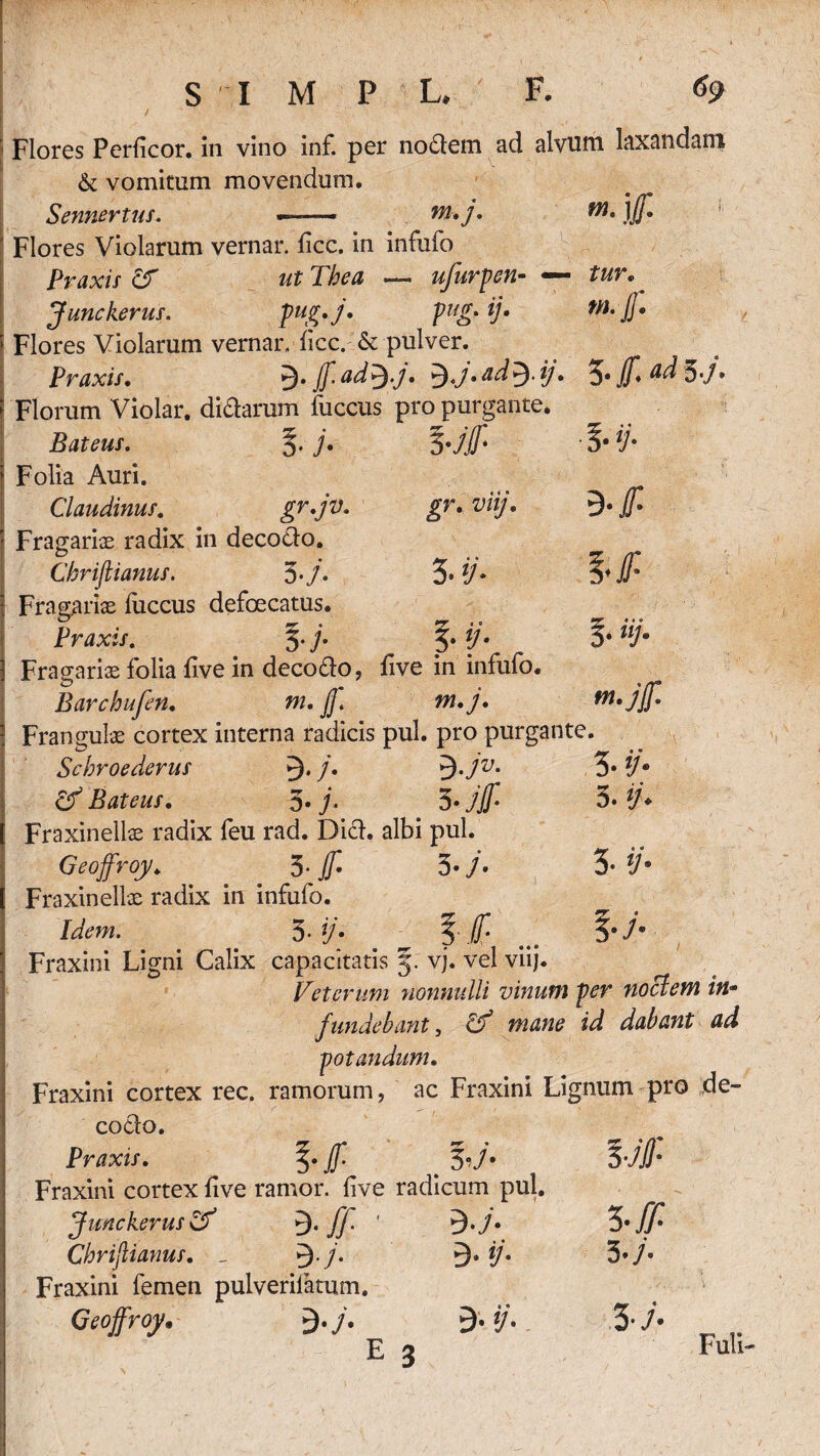 Flores Perficor. in vino inf. per noclcin ad alvum laxandam & vomitum movendum. Sennertus. — tn* /• ffl* Flores Violarum vernar. ficc, in infufo Praxif cf ut Tbea — ufurpen- — tur. Junc herus. Vu&' Vm Flores Violarum vernar» ficc. & pulver. Praxis. 3* ff. ad3-7* 3«7.ad^.ij. 5* jj♦ ^ 5*/» Bateus. 5-^ Folia Auri. Claudinus. gr.jv. gr. Fragarix radix in decocto. Chrijtianus. 3 5- V• Fragarix fiiccus defoecatus. Praxis. 3*7* *>'• )• lJ• B-f Jfi E* 0 Fragarix folia five in deco£to, five in infufo. Barchufen. m. ff m.j. Frangulx cortex interna radicis pul. pro purgante. Scbroederus 3* /• 3,7Z/* 5* & Bateus. 5• 7- 3«7j?* 5» Fraxinellx radix feu rad. Dich albi pul. Geoffroy. 5- ff> 3*7» 5* *7® Fraxinellx radix in infufo. L&m. 5- 7« f jf Fraxini Ligni Calix capacitatis 5. vj. vel viij. Veterum nonnulli vinum per noctem in- fundebant, £7* zd dabant ad potandum. Fraxini cortex rec. ramorum, ac Fraxini Lignum pro de- k*7# cocto. Praxis. ?. [f. ^ • 3*7* Uf Fraxini cortex five ramor. five radicum pul. - Jmc herus 3. ff ' BJ- 5 -/f- Chriftianus. _ 3-7* Fraxini femen pulverilatum. B• V- 3 Geoffroy» 3 E 3 B• jr. 3' 7’ Fuli-