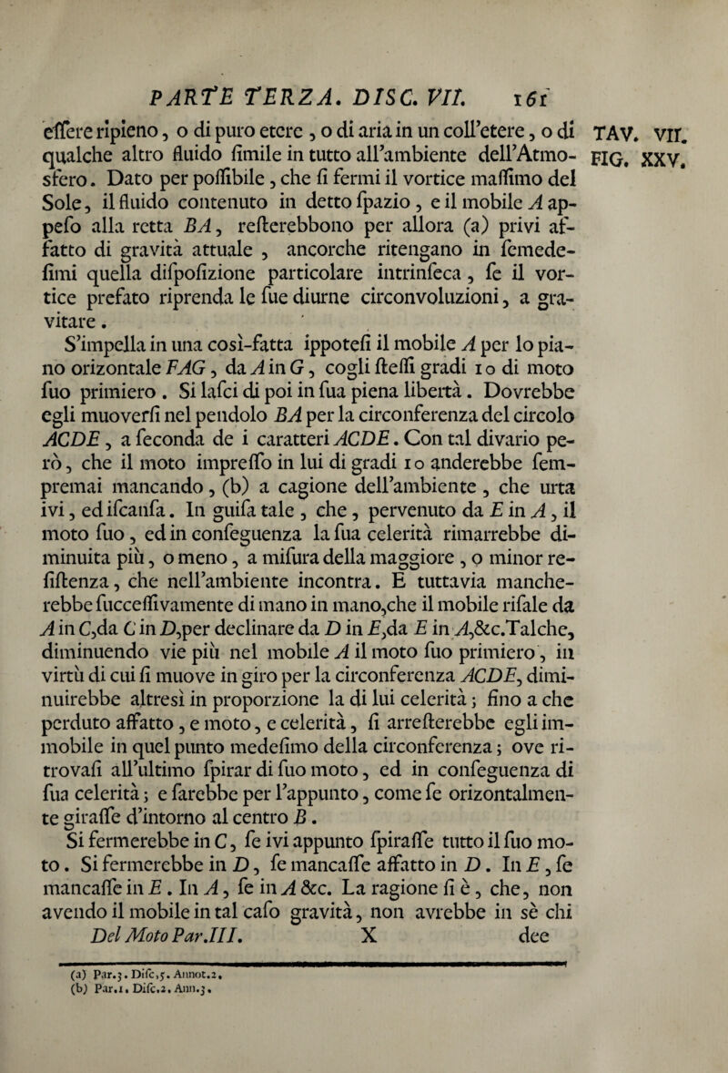 tifere ripieno, o di puro etere , o di aria in un coll’etere, o di TAV. vii. qualche altro fluido Amile in tutto all’ambiente dell’Atmo- XXV. sfero. Dato per poflibile, che fi fermi il vortice maffimo del Sole, il fluido contenuto in detto fpazio , e il mobile A ap- pefo alla retta BA, reflerebbono per allora (a) privi af¬ fatto di gravità attuale , ancorché ritengano in femede- fimi quella difpofizione particolare intrinfeca, fe il vor¬ tice prefato riprenda le fue diurne circonvoluzioni, a gra¬ vitare . ' S’impella in una cosi-fatta ippotefi il mobile A per lo pia¬ no orizontale FAG, da A in G, cogli ftefli gradi i o di moto fuo primiero . Si lafci di poi in fua piena libertà. Dovrebbe egli muoverli nel pendolo BA per la circonferenza del circolo ACDE 5 a feconda de i caratteri ACDE. Con tal divario pe¬ rò, che il moto impreflfo in lui di gradi io anderebbe fem- premai mancando, (b) a cagione dell’ambiente, che urta ivi, ed ifeanfa. In guifa tale , che, pervenuto da £ in A, il moto fuo, ed in confeguenza la fua celerità rimarrebbe di¬ minuita più, o meno, a mifura della maggiore , o minor re¬ nitenza , che nell’ambiente incontra. E tuttavia manche¬ rebbe fucceffi vamente di mano in manovelle il mobile rifale da A in C,da C in D,per declinare da D in £,da E in v^&c.Talche, diminuendo viepiù nel mobile A il moto fuo primiero, in virtù di cui fi muove in giro per la circonferenza ACDE, dimi¬ nuirebbe altresì in proporzione la di lui celerità ; fino a che perduto affatto, e moto, e celerità, fi arrenerebbe egli im¬ mobile in quel punto medefimo della circonferenza ; ove ri¬ trovali all’ultimo fpirar di fuo moto, ed in confeguenza di fua celerità ; e farebbe per l’appunto, come fe orizontalmen- te giraffe d’intorno al centro B. Si fermerebbe in C, fe ivi appunto fpiralfe tutto il fuo mo¬ to . Si fermerebbe in D, fe mancalfe affatto in D. In E 3 fe mancaffe in E . In A, fe in A dee. La ragione fi è, che, non avendo il mobile in tal cafo gravità, non avrebbe in sè chi Del Moto Par JII. X dee (a) Par.j.Difcjj.Annot.2,