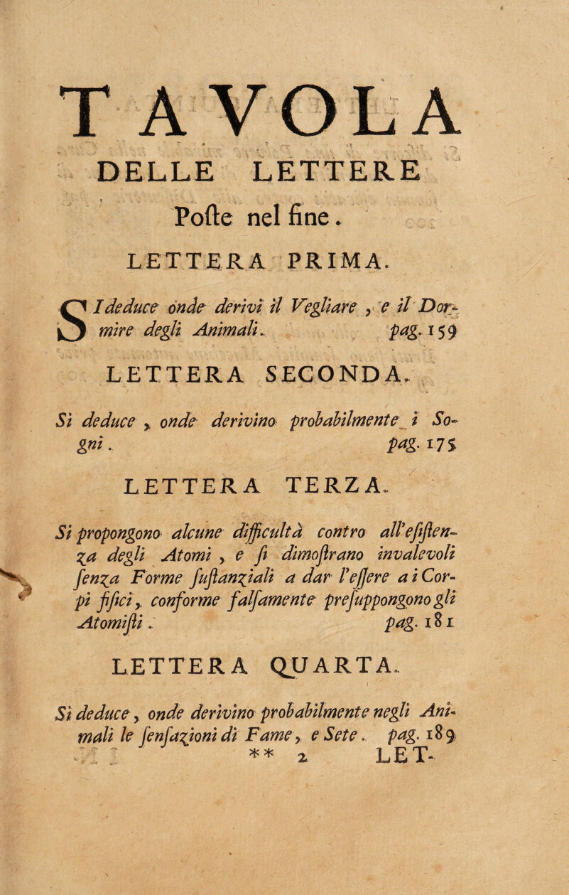 Polle nel fine. LETTERA PRIMA. SI deduce onde derivi il Vegliare y e il Dory mire degli Animali.. pag« 15 9 - 4.. k . . _ * - -- LETTERA SECONDA. Si deduce , derivino probabilmente ì So* gni. pagali LETTERA TERZA,. 5/ propongono alcune diffìcultà contro all* e fife n- %a degli Atomi , £ fi dimofirano ìnvalevoli fienya Forme fufiannali a dar l’efjere a i Cor¬ pi fificìy, conforme falfamente prefiuppongono gli Atomifiipag. 181 LETTERA QUARTA. 1 ' ■ 1 Si deduce, onde derivino probabilmente negli Ani¬ mali le fieni anioni di Fame y e Sete.. pag. 189 ** x. LET-