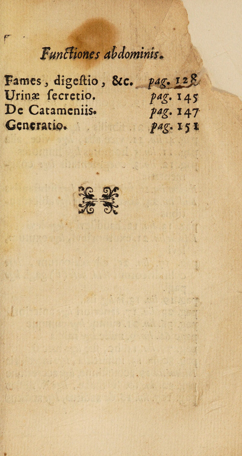 Functiones abdominis Fames, digeftio, &c. Urina: fecretio. De Catamcniis. Generatio, pag. jjji pag. 145 fag. 147 pag. 151 ^fc