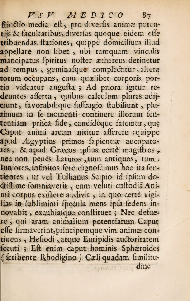 dinbio media eft, pro diverGs anima? poten- tijs & facultatibus, diverfas quoque eidem efle tribuendas (lationes, quippe domicilium illud appellare non libet , ubi tamquam vinculis mancipatus fpiritus noder aethereus detinetur ad tempus , geminafque. complebitur, altera totum occupans, cum quaelibet corporis por¬ tio videatur anguda 3 Ad priora igitur re¬ deuntes aderta , quibus calculum plures adij- ciunt, favorabilique fuffragio dabiliunt, plu¬ rimum in fe momenti: continere illorum fen- tentiam prifca. fide, candideque fatemur ,qu? Caput animi arcem nititur afierere ; quippe apud yEgyptios primos fapientite aucti pato¬ res, & apud Graecos ipfius certe magidi os ^ nec non penes Latinos ,tum antiquos, tum_. Iuniores, infinitos fere dignofcimus hoc ita fen- tientes , ur vel Tullianus Scipio id ipfum do- biffime fomniaverio, cum veluti cudodia Ani¬ mi corpus exidere audivit , in quo certe vigi¬ lias in fublimiori fpecula mens ipfa fedens in¬ novabit , excubiadjue condituet j Nec defue¬ re , qui aram animalium potentiarum Caput e(fe firmaverint,principemque vim animse con¬ tinens , Hefiodi, atque Euripidis auboritatem fecuti j Ed enim caput hominis Sphaeroides i fcrihente Rhodigino ) Caeli quadam fimilitu- dine