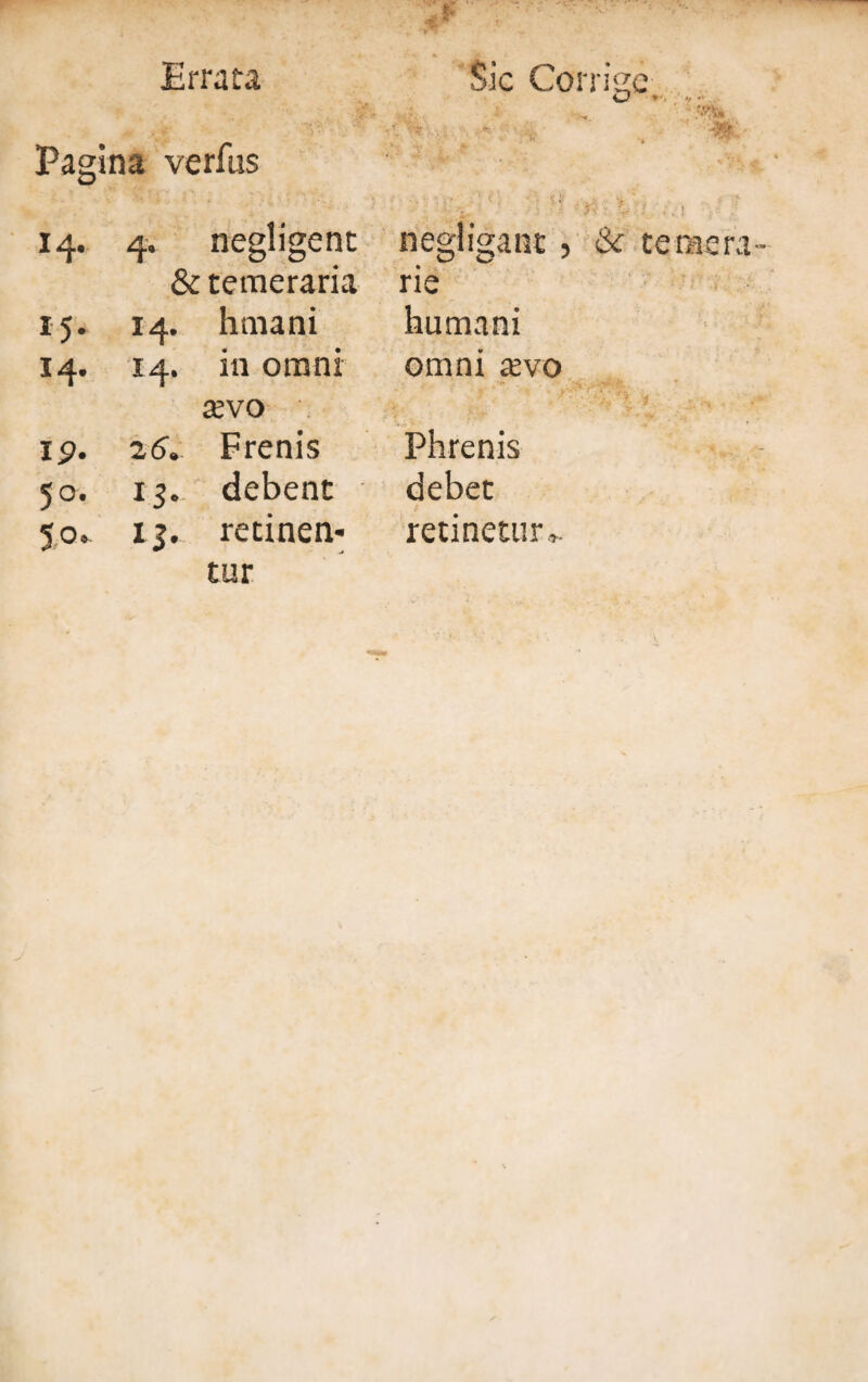 Errata Sic Corrige O ' * '■*. Pagina verfus 14. 4. negligent negligant , & temera & temeraria rie 15. 14. hmani humani 14. 14. in omni omni revo tevo 1P. 26» Frenis Phrenis 50. 13. debent debet / 50. 13. retinen* retinetur». tur