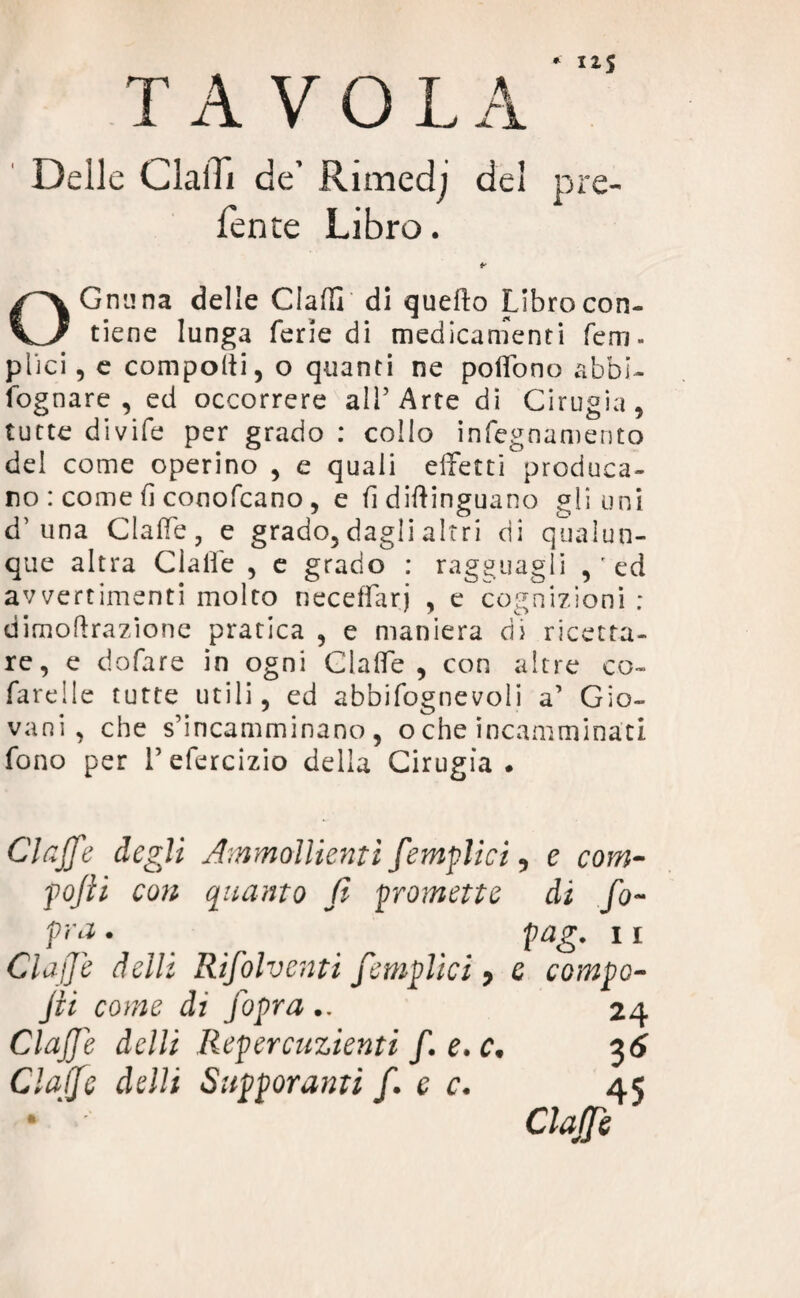 * ix5 TAVOLA Delle ClaiTi de’ Rimedj del pre¬ ferite Libro. O Gruma delle Claffi di quefto Libro con¬ tiene lunga ferie di medicamenti fem. plici, e compolii, o quanti ne poffono abbi - fognare, ed occorrere all’Arte di Cinigia, tutte divife per grado : collo infegnamento del come operino , e quali effetti produca¬ no : come fi conofcano , e fi diftinguano gli uni d’ una Gaffe, e grado, dagli altri di qualun¬ que altra Galle , e grado : ragguagli , ' ed avvertimenti molto neceffarj , e cognizioni ; dimolirazione pratica , e maniera di ricetta¬ re, e dofare in ogni Gaffe, con altre co- fare Ile tutte utili, ed abbifognevoli a’ Gio¬ vani, che s’incamminano, oche incamminati fono per l’efercizio della Cinigia. Clajfe degli Ammollienti femplici 9 e com~ fojìi con quanto fi promette di fio- fra. Clajfe delti Rifolventi feraglici , jìi come di fiopra.. Clajfe delli Regercuzienti fi e. c. Cla(fé delli Supportimi fi. e c. gag. 11 C CQYnpQ- 24 3* 45 Clajfe