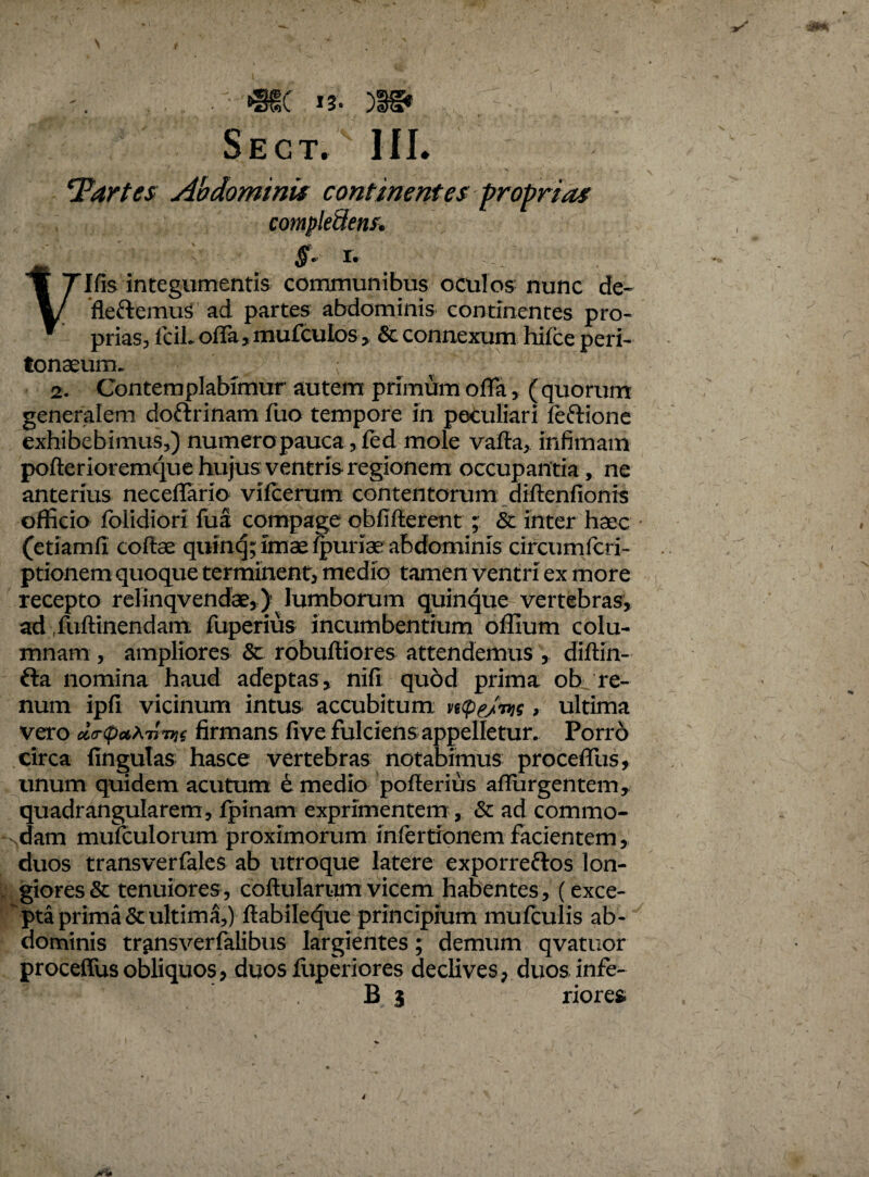 . ... r- m i?, m Sect. III* ‘Fartes Abdominis continentes proprias compledem. §. I. ;>i: i| T Ife integumentis communibus oculos nunc de- V fleftemus ad partes abdominis continentes pro- * prias, fcil* offa,mufculos, & connexum hifce peri¬ tonaeum* ; 2. Contemplabimur autem primum offa, (quorum generalem doftrinam fuo tempore in peculiari fe&ione exhibebimus,) numero pauca, fed mole vafla, infimam pofterioremque hujus ventris regionem occupantia, ne anterius neceffario vifcerum contentorum diftenfionis officio folidiori fua compage obfifferent ; & inter haec (etiamfi cofiae quinq; imae fpuriae abdominis circumfcri- ptionem quoque terminent, medio tamen ventri ex more recepto relinqvendae,) lumborum quinque vertebras, ad Xuftinendam fuperius incumbentium offium colu¬ mnam , ampliores $c robuftiores attendemus ,. diftin- fta nomina haud adeptas, nifi quod prima ob re¬ num ipfi vicinum intus accubitum n(peJw > ultima vero d<r<pet^7rnj( firmans five fulciens appelletur* Porro circa fingulas hasce vertebras notabimus proceffus, unum quidem acutum e medio pofferius affingentem, quadrangularem, fpinam exprimentem , & ad commo- >dam mufculorum proximorum mfertfonem facientem, duos transverfales ab utroque latere exporreftos lon¬ giores & tenuiores, coftularum vicem habentes, (exce¬ pta prima & ultima,) flabileque principium mufculis ab¬ dominis trgnsverfalibus largientes; demum qvatuor proceffus obliquos, duos fuperiores declives, duos infe- B i riores 4
