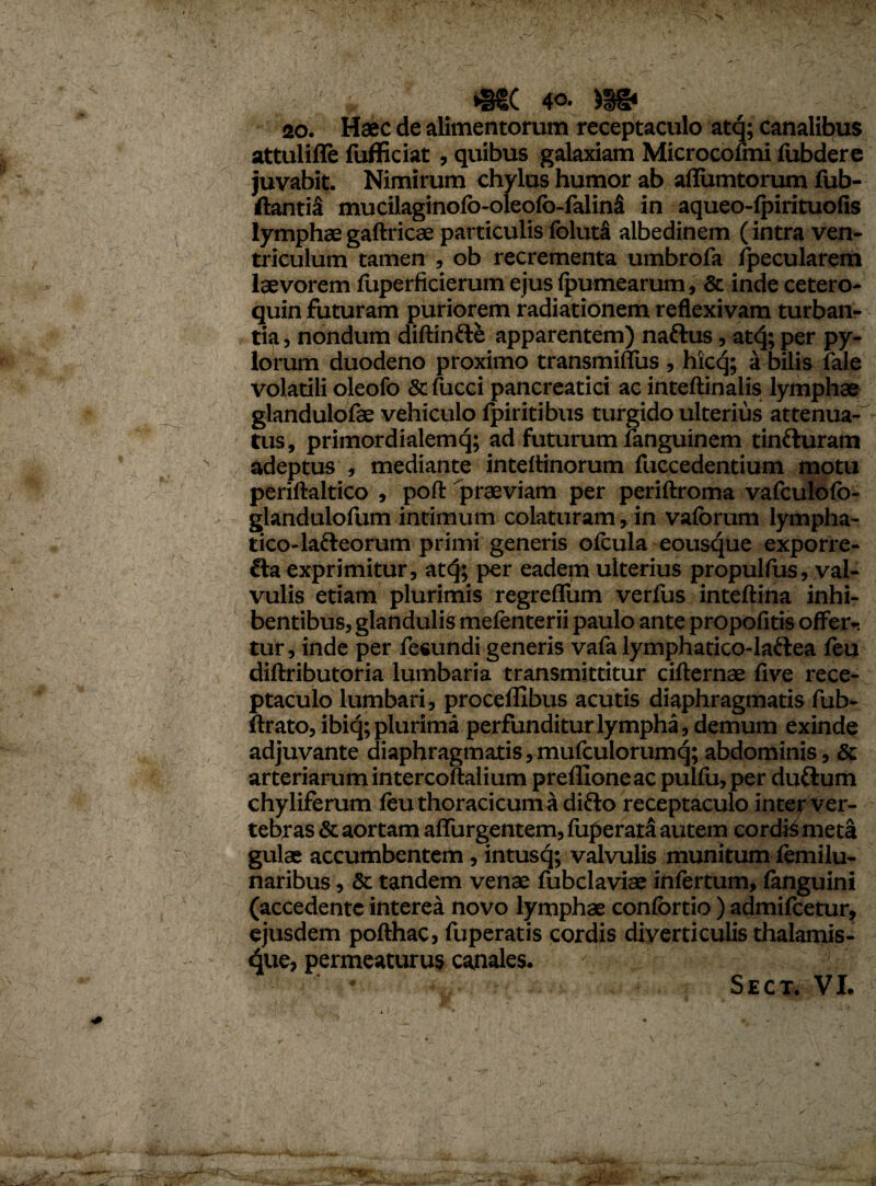 »§€( 40. 20. Haec de alimentorum receptaculo atq; canalibus attuliffe fufficiat , quibus galaxiam Microcofmi fubdere juvabit. Nimirum chylus humor ab aflumtorum fub- ftantiS mucilaginofb-oieofo-falinii in aqueo-fpirituofis lymphaegaftricae particulis folut£ albedinem (intra ven¬ triculum tamen , ob recrementa umbrofa fpecularem laevorem fuperficierum ejusfpumearum, & inde cetero- quin futuram puriorem radiationem reflexivam turban¬ tia , nondum diftinfte apparentem) naftus, atq; per py¬ lorum duodeno proximo transmiflus , hicq; a bilis fale volatili oleofo & fucci pancreatici ac inteftinalis lymphae glandulofae vehiculo fpiritibus turgido ulterius attenua¬ tus, primordialemq; ad futurum fanguinem tinfturam adeptus , mediante intettinorum fuccedentium motu periftaltico , poft praeviam per periftroma vafculofo- glandulofum intimum colaturam, in vaforum lympha- tico-latteorum primi generis ofcula eousque exporre- &a exprimitur, at<5; per eadem ulterius propulfus, val¬ vulis etiam plurimis regreflum verius inteftina inhi¬ bentibus, glandulis mefenterii paulo ante propofitis offer¬ tur, inde per fesundi generis vafa lymphatico-Iaftea feu diftributoria lumbaria transmittitur cifternae five rece¬ ptaculo lumbari, proceffibus acutis diaphragmatis fub- ftrato, ibiq; plurima perfunditur lympha, demum exinde adjuvante diaphragmatis,mufculorumq; abdominis, & arteriarum intercoftalium preffioneac pulfu, per duftum chyliferum feu thoracicum a difto receptaculo interver- tcbras & aortam aflurgentem, fiiperata autem cordis meta gulae accumbentem, intusq; valvulis munitum femilu- naribus, & tandem venae fubclaviae infertum, fanguini (accedente interea novo lymphae confbrtio) admifeetur, ejusdem pofthac, fuperatis cordis diverticulis thalamis¬ que, permeaturus canales.