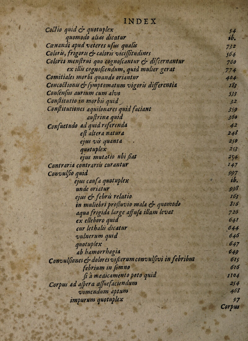 V ■ 'A ; INDEX Coctio quid & quotuplex quomodo altas dicatur Ccenandi apud veteres ufu* quales Coloris, frigoris & calores vicifitudines Colores menflrui quo cognofcantitr & difc er nantur ex illis ccgnofcendim, quid mulier gerat Comitiales morbi quando oriantur Concoctionis & fymptornatum vigores differentia Con/enfus aurium cum alvo Conjlitutio in morbis quid y Conjlitutiones aquilonares quid faciant auftrina quid Confuetudo ad quid referenda eft altera natura ejus vis quanta quotuplex ejus mutatio ubifat Contraria contrariis curantur Convulfio quid ejus caufa quotuplex unde oriatur ejus & febres relatio in muliebri profluvio mala & quomodo aqua frigida Urge ajfufa illam levat ex elleboro quid cur lethales dicatur vulnerum quid quotuplex ab hamorrhagia ' . Convulfiones & dolores vtfcerum convulfivi in febribus /7 f I « febrium m fomno fi a medicamento poto quid Corpus ad affer a ajfiefaciendum vomendum aptum impurum quotuplex $L * . / S '■ •> , /V' . «i. N,, 54 ib. 732 5$4 760 J74 404 783 533 32 359 360 42 243 2fO 213 2^4 147 m ib. 998 Iffs 816 726 641 644 646 (347 649 615 616 1104 2S4 468 97 Corpus