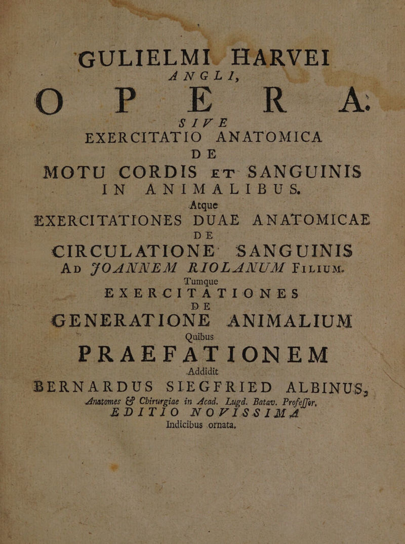 E HARY EXERCITATIO. ANATOMICA DE MOTU CORDIS rr SANGUINIS ; EN ANIMALIBUS Atque EXERCITATIONES LE AN ATOMICAE CIRCULATIONE SANGUINIS A» JOANNEM RIOLANUM Furium. Tum que sid. EXERCITATIONES | GENERATIONE ANIMALIUM Quibus PRAEFATIONEM ie. . . Addidit à BERNARDUS SIEGFRIED ALBINUS, ! d dnatomes d Chirurgiae in 4cad. Lugd. Batav. Profe[for, IIO OE ra. Indicibus ornata,