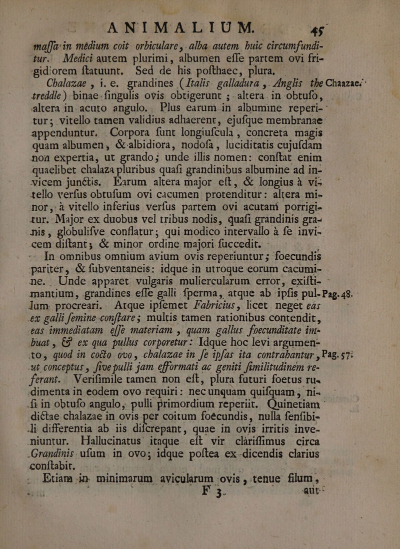 ANIMALIUM.. C27 mafJa- in, medium. coit | orbiculare , . alba. autem. buic circumfundi- tur. Medici autem plurimi, albumen effe partem ovi fri- gidiorem ftatuunt. Sed de his pofthaec, plura. . | Chalazae , i. e. grandines (Jtalis- galladura ,. Znglis tbe Chaazae:: treddle) binae-fingulis ovis obtigerunt ; . altera. in obtufo, | altera in.acuto angulo. Plus earum in albumine reperi-: tur; vitello tamen validius adhaerent, ejufque membranae appenduntur. Corpora funt longiufcula , concreta magis quam albumen, &amp;.lbidiora, nodofa, luciditatis cujufdam noa expertia, ut grando; unde illis nomen: conftat enim quaelibet chalaza pluribus quafi grandinibus albumine ad in- vicem junctis. Earum altera major eít, &amp; longius à vi- tello verfus obtufum ovi cacumen protenditur: altera mi- nor;,:à vitello inferius verfus partem ovi acutani porrigi- tur. Major ex duobus vel tribus nodis, quafi grandinis gra- nis, globulifve conflatur; qui modico intervallo à fe invi- cem diftant; &amp; minor ordine majori fuccedit. : In omnibus omnium avium ovis reperiuntur ; foecundis pariter, &amp; fubventaneis: idque in utroque eorum cacumi- ne. Unde apparet vulgaris muliercularum error, exifti- mantium, grandines effe galli fperma, atque ab ipfis pul. Pag. 48. lum. procreari. Atque ipfemet aPricius, licet. neget eás x galli femine -confTare ; multis tamen rationibus contendit, eas immediatam | e[[G. materiam , quam. gallus. foecunditate int- buat , C9 ex qua pullus corporetur: Idque hoc levi argumen- to, quod in cocto ovo, cbalazae in fe ipfas ita. contrabantur , Pag. $7: ut conceptus , five pulli jam efformati ac. geniti fimilitudinem re- ferant... Verifimile tamen non eft, plura futuri foetus ru- dimenta in eodem ovo requiri: nec unquam quifquam, ni- .fi in obtufo angulo, pulli primordium reperiit. Quinetiam - dictae chalazae in ovis per coitum foécundis, nulla fenfibi- li differentia ab iis difcrepant, quae in ovis irritis inve- niuntur. llallucinatus itaque eit vir clàriffimus circa .Grandinis. ufum in ovo; idque poftea ex-dicendis clarius conftabir. j un | . Etiam i» minimarum avicularum ovis, tenue filum, — ] | F3. qut -