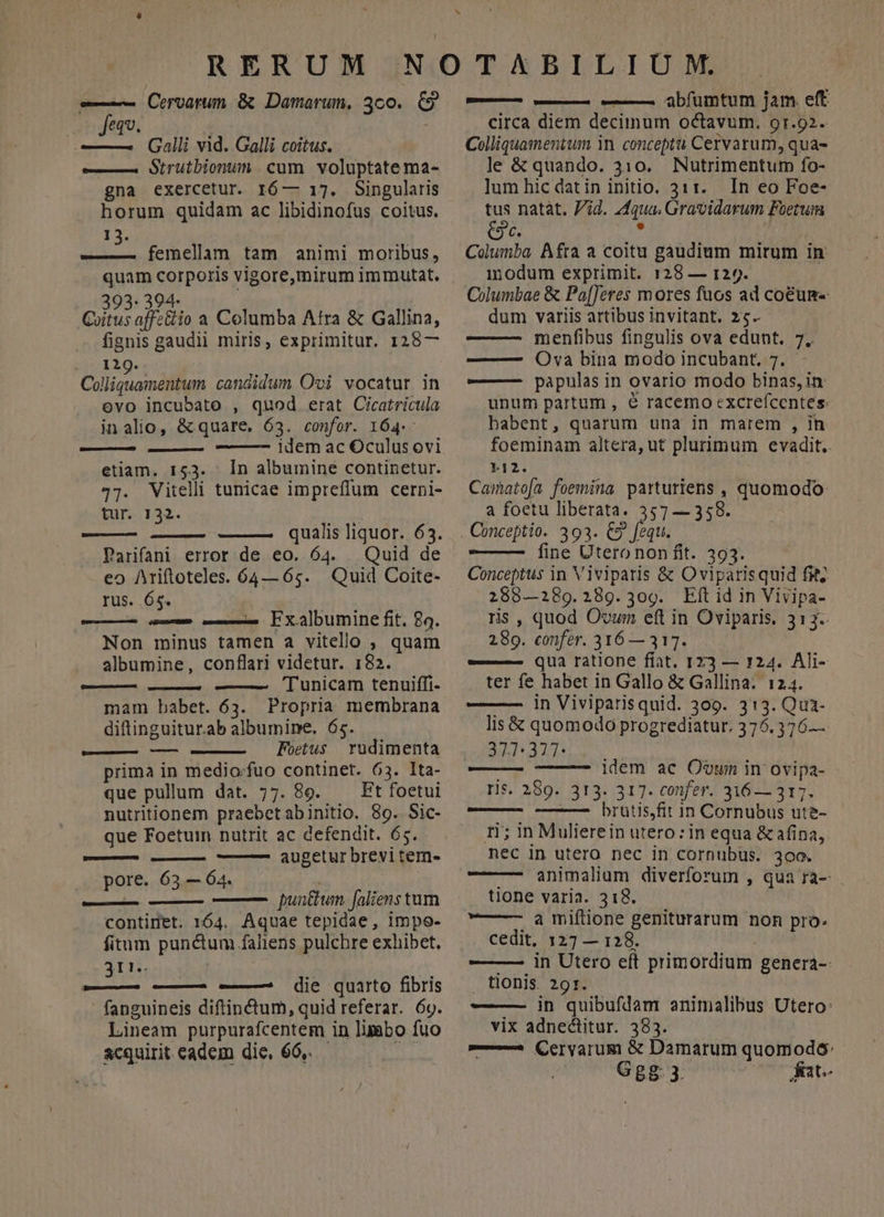 v . Jequ. | dini Galli vid. Galli coitus. ——— Sirutbionum cum voluptate ma- gna exercetur. I6 — 17. Singularis horum quidam ac libidinofus coitus. femellam tam animi moribus, quam corporis vigore,mirum immutat. 393- 394- ; Goitus affz&io a Columba Atra & Gallina, fignis gaudii miris, exprimitur. 128— :1::129. Colliquamentum candidum Ovi vocatur in evo incubato , quod erat Cicatricula inalio, & quare, 63. confor. 164.- ——— idem ac Oculus ovi etiam. 153. - In albumine continetur. 47. Vitelli tunicae impreffum cerni- tur. 132. qualis liquor. 63. Parifani error de eo. 64. . Quid de eo Ariftoteles. 64— 6:. Quid Coite- rus. 65. ———À — — Vxalbumine fit. 29. Non minus tamen a vitello ; quam albumine, conflari videtur. 182. —— ——— ——— unicam tenuiffi- mam babet. 63. Propria membrana diftinguitur.ab albumime. 65. — — Foetus rudimenta prima in medio.fuo continet. 63. Ita- que pullum dat. 77. 89. — Ftfoetui nutritionem praebet abinitio. 89. Sic- que Foetumn nutrit ac defendit. 65. —— augetur brevi tem- pore. 63.— 6a. mirati —— punt&wun [aliens tum continet. 164. Aquae tepidae, impo- fitum punctum faliens pulchre exhibet. Ti ae —— ——— die quarto fibris ' fanguineis diftinctum, quid referar. 69. Lineam purpurafcentem in limbo fuo acquirit eadem die, 66, — circa diem deciinum octavum. 9r.92. Colliquamentum in. conceptu Cervarum, qua- le &quando. 310. Nutrimentum fo- lum hic dat in initio. 311. In eo Foe- tus natat. Vid. Zqua. Gravidarum Foetum l . C. Columba Afra a coitu gaudium mirum in: modum exprimit. 128 — 129. Columbae & Pa[feres mores fuos ad co&um- dum variis artibus invitant. 25. menfibus fingulis ova edunt. 7. —— Ova bina modo incubant, 7. -——— papulas in ovario modo binas,in unum partum , é racemo excrefcentes: babent, quarum una in marem , in foeminam altera, ut plurimum evadit. E12. Cainatofa foemina parturiens , quomodo: a foetu liberata. 357 — 358. ———— line UtetonoWflt. 393. — * Conceptus in Viviparis & Oviparisquid fit 288—289.289.309. Eft id in Vivipa- ris , quod Ovum eft in Oviparis. 313. 289. eonfer. 316 — 317. ——— qua ratione fíat. 123 — 124. Ali- ter fe habet in Gallo & Gallina: 124. in Viviparisquid. 309. 313. Qu1- lis & quomodo progrediatur. 375. 376— 317-317. Ld idem ac Ooum in ovipa- ris. 289. 313. 317. confer. 316—317. brutis,fit in Cornubus ute- ri; in Mulierein utero: in equa & afina, nec in utero nec in cornubus. 300. animalium diverforum , qua ra- tione varia. 318. -——- à miftione geniturarum non pro. cedit, 127 — 128. —. in Utero eft primordium genera-- , tonis. 291. ——— in quibufdam animalibus Utero: vix adnectitur. 383. — ^ (Qervarum & Damarum quomodo: Gg8 3. iat.