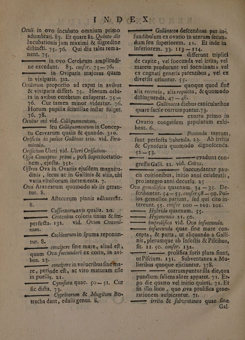 E OWN £ Oculi. in ovo incubato omnium. primo adumbrati.85. Et quare 82. Quinto die Incubationis jam maximi &amp; nigredine difincti. 75. 26. Qui diu tales rema- henb der —— in ovo Cerebrum amplitudi- neexcedunt. 83. confer. 75 — 16. in. Oviparis. majores..quam in viviparis.. 312. | Oculorum proportio ad caput in avibus &amp; viviparis differt. 7;. Hotum oibi- ta in avibus cerebrum exfuperat. 75 — 76. Curtamen minor videatur. 76. Horum pupilla fcintillae inftar fulget. 16... 38. | Oculus ovi: vid. Colliquamentum, feu Colliquamentumin Concep- fu Cervarüm qualis &amp; quando. 310. Orificia. in pedice Gallinae tria. vid. Fora- . qninula. ; Orificium Uteri vid. Uteri Orificium- O[ja Conceptus primi , poft fuperfoetatio- nem, ejecta. 35r. Oj[lrea Ova in Ovariis ejufdem magnitu- dinis , fecus ac in Gallinis &amp; aliis, ubi varia vitellorum incrementa. 7. Ova Aranearum quoinodo ab iis geran- tur. 8 — Allacorum pinnis adhaereht. a— (Caffosvara avis qualia. 20. ——| Centenina coloris ünius &amp; im- perfecta. 132. — vid. Qvum Centeni- m. quam Ova foecundarà ex. coitu, in. avi- jierddlles- conciperein volucribus fine'na- 1€ , perinde eft, ac viro maturam efle in puellis. 2I. ——— Cynofura quae. so — sr, Cur fic dica. 73. — Cyprinorum. &amp; .cMugilum Bo- tracha dant, edulii genus. 8, | ——Á. Grallinaces defcen dunt. per. in-, fundibulum ex ovario in uterum fecun- dumíeu fuperiorem. r:. Et inde in inferiorem. 33. 113. — 114. GeeceeenaA we——— Gifferunt triplici de capite, vel foecunda vel irrita; vel marem producunt vel foeminam 5. vel: ex cognati generis parentibus , vel ex diverfis oriuntur. 55. . M——— — (Quoque quod finf alia recentia, aliarequicta, &amp; quomodo diftinguenda, 47 — 48. —. (5 G]linacea diebus canicularibus quarefacilecorrumpantur.73. ———— exortu primo in Ovario congeriem papularum exhi- bent. 6.. Foecunda tantum, funt perfecta habenda. 23. - Ab irritis &amp; Cynofuris quomodo dignofcenda. 532—593. guis (— eyadunt con greffu Galli. 22. vid. Coitus. Ma — —e lO&amp;cundantur pau- | es coitionibus, initio anni celebratis , Prointegro anni decurfu. 25 Ova gemellifica quaenam, 34 —35. De- Ícribuntur. 54 — $5. confer 98 — 99. Pul- los.gemellos pariunt, fed qui cito in- tereunt. «s. confer 100 — 10I. IoI. — Hybride quaenam. 55. — — ümprolifica vid. Ova infoecunda, cepta, &amp; parta, ut aliquando a. Galli- nis, plerumque ab Infectis &amp; Pifcibus, fit. 21. 5c. confer. 132. : ——À prolifica foris plura fiunt, utPifcium. 131. Subventanea.a Mu- lieribus quoque ejiciuntur. 378. —— corrumpunturilla die,qua ; punctum faliensaliter apparet. 71. Er» g0 die quarto vel initio quinti. 71. Et . fit illolloco , quo ova prolifica gene- rationem. aufpicantur. 7r. Gal-