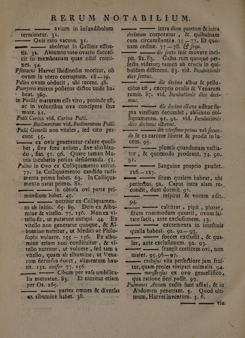 terminatur. 3t. Ovis raro vacuus, 3r, em——- «——. aboletur in Gallinis effoe- tis. 32. Abíumtototo ovario flaccef- cit in membranatn quae nihil conti- net. 54. Pfittacus Harvei libidinofus moritur, ob ovum in utero corruptum, 18 —1g. Pollen ovum obducit , ubi recens. 48. Puerpera enixus pofteros dictos unde ha- ' beat. 369. in Puellis maturam effe viro , proinde eft, ac in volucribus ova concipere (ine . mate, 21. | Pulli Corina vid. Carina Pulli. — Rudimentum vid. Rudimentum Pulli. Pulli Gemelli non vitales, ied cito per- eunt. 55. c—— €x ovis generantur calore quoli- bet , five fotu avium, five alio blan- .do , fiat. g1. 96. Quare tamen Ma- tris incubatio potius defideranda. sr. Pullus in Ovo ex Colliquamento oritur. 77:' 1n Colliquámento candido rudi- menta prima habet. 63. In Colliqua- | mento natat primo. 8r. a— ——— in obtufa ovi parte pri- | mordium babet. 45. | | nutritur ex Colliquamen- to ab initio. 65. $9. Dein ex Albu- mine &amp; vitello. 77. 156. Nonex vi- tellofit, ut putarunt antiqui. 44. Ex vitello non generatur quoque, &amp; Al- : bumine nutritur, ut Medici:ac Philo- fophi voluere. 1$5 — 156. Ex albu- mine eriam non conftituitur, &amp; vi- tello nutritur, ut voluere , fed tam a vitello) quam ab albumine, ut Vena- rum decuifus docct , alimentum hau- rt. 132. confer 77. 156. Cibum per vafa umbilica- lia mutuatur. 83. : Et nutritur etiam - per.Os.: 265. [oid [ul Uum amu paites omnes &amp; diverfas €x. albumine habet. 38. decimum corporatur , &amp; quibuínam cum circumflantiis. 7; — 77. Et quo- nam ordine. 77 — 78. €9 equ. pit. 82.85. — Galba tum quoque per- dies fextus. | — — die decimo albus &amp; pellu- cidus eft , exceptis oculis &amp; Venarum 5. — — die decimo otíavo adhuc fu- pra vitellum decumbit ; abfumto col. dies decimus o&amp;a'vus. —— ——— die vicefimo primo vel fecun. do fe ex carcere liberat &amp; prodit in lu- cem. or. Ut j —— —— plumis quandonam veflia- tur, &amp; quomodo prodeant. 74. oo.. 91. ad I26 — 127. / condit, dum dormit. 97. 94- i Rn : —— — cCalcdtrat ,. pipit , plorat,. fitum commodüm quaerit, ovum fal- tare facit, ante exclufionem. 53.- qualia habeat. 92. 92— 93. —— ——— foeces excludit , &amp; qua- les, ante exclufionem. 92. 93. — —— frangit corticem ovi, non mater. 95.00 —97... — — exclufus vita perfectiore jam frui- tur, quam proles vivipari animalis. 94. qua ratione fieri poffit. 9o. Pulmones 4voium coftis funt affixi, &amp; in Abdomen penetrant. s. Quod ulti- mum, Harveiinventum. 5, 6. ———— — via: