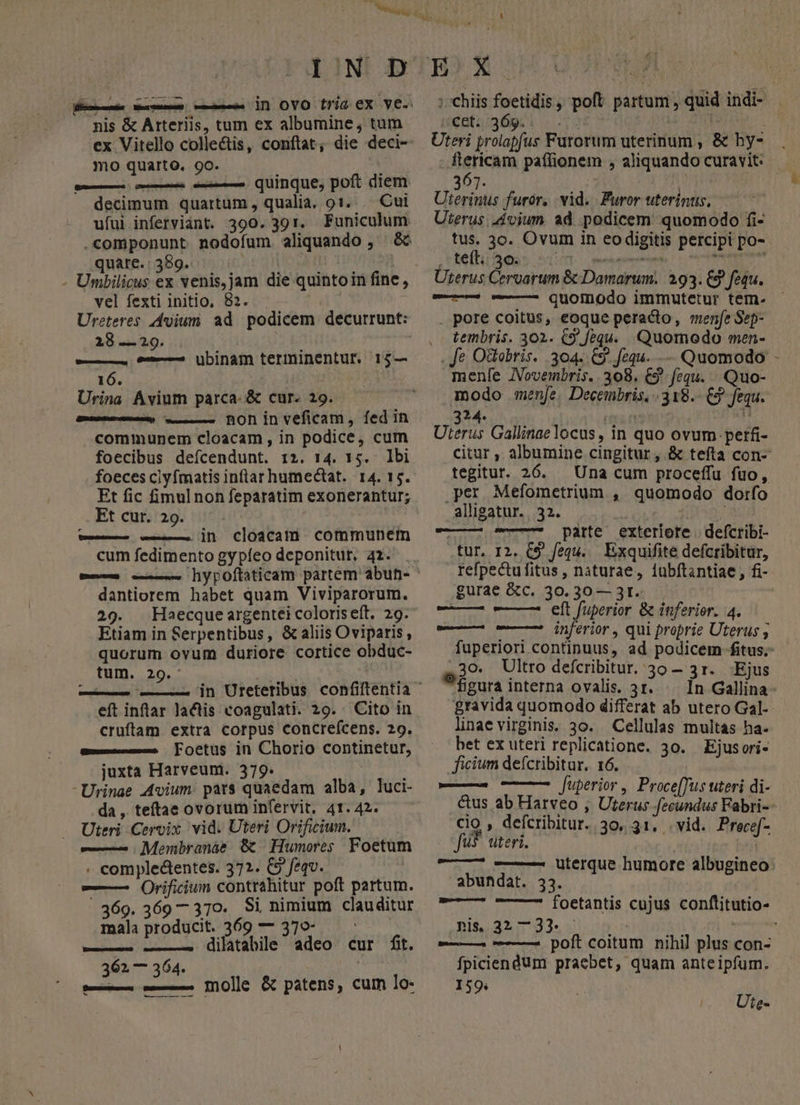 nis &amp; Arteriis, tum ex albumine, tum ex Vitello collectis, conftat; die deci- mo quarto, 9o. —À ——— -—— Quinque, poft diem decimum quartum, qualia. 91. . Cui ufui inferviánt. 390.391. Funiculum. .componunt nodofum aliquando , &amp; quare. : 389. | vel fexti initio, 82. Ureteres 4dvium ad podicem decurrunt: 28 —29. ——M e— ubinam terminentur. 15— 16. Urina Avium parca. &amp; cur. 29. ame—— e — RO in veficam, fed in communem cloacam, in podice, cum foecibus defícendunt. 12. 14. 15. lbi foeces ciyfmatis inftar humectat. 14. 15. Et fic fimulnon feparatim exonerantur; Et cur. 29. — -— in cCloacam communem cum fedimento gy píeo deponitur. 42. m— — liypoítaticam partem abun- dantiorem habet quam Viviparorum. 29. Haecque argentei coloriseít. 29. Etiam in Serpentibus, &amp; aliis Oviparis, quorum ovum duriore cortice obduc- tum. 29. - eft inflar lactis coagulati. 29. Cito in cruftam extra corpus concreícens. 29. m-—————— oetus in Chorio continetur, juxta Harveum. 379. - Urinae Avium: pats quaedam alba, luci- da , teftae ovorum infervit, 41. 42. Uteri Cervix vid. Uteri Orificium. —— Memnbranáe. 8 Humores Foetum . complectentes. 372. C5 feqv. ——— Orificium contrahitur poft partum. 369. 369—370. Si nimium clauditur mala producit. 369 — 37o0- — ^ —— cites; asteeecms: IQiIAtaDIe adeo Cur' ft. 362 — 364. —— —— Inolle &amp; patens, cum lo- : chiis foetidis ,, poft. partum , quid indi- r/eBt; 369. wa Uteri prolapfus Furorum uterinum , &amp; hy- ricum paffionem , aliquando curavit. 307. | Uterinus furor, vid. Furor uterinus, Uterus vium ad podicem quomodo fi- Due 3o. Ovum in eo digitis percipi po- teftigms suo mmm rare Üterus Ceroarum &amp; Damarum. 293. C9 fequ. ———— -——- quomodo immutetur tem. . pore coitus, eoque peracto, menfe Sep- tembris. 302. CS fequ. Quomodo men- menle JVovembris. 308. C9 fequ. Quo- modo menfe. Decembris, .319.- C9 fequ. 324. : t Uterus Gallinaelocus, in quo ovum perfi- citur , albumine cingitur, &amp; tefta con- tegitur. 26. — Una cum proceffu fuo, per Mefometrium , quomodo dorfo alligatur. . 32. ! : — 7 parte. exteriote |. defcribi- tur. I2. C9 fequ. Exquifite defcribitur, refpectufitus, naturae, lubftantiae , fi- gurae &amp;c. 30.30— 31. —— —— eft fuperior &amp; itiferior. 4. ——— O——— inferior , qui proprie Uterus , fuperiori continuus, ad podicem fitus.- .30. Ultro defcribitur. 30 — 3r. Ejus figura interna ovalis. 31. — In Gallina gravida quomodo differat ab utero Gal-- linae virginis. 30. Cellulas multas ha- bet ex uteri replicatione. 30. Ejusori- ficium deícribitur. 16. — e fJuperior ,' Proce[Tus uteri di- &amp;us ab Harveo , Uterus dd Fabri-- cio , defcribitur. 30, 31. vid. Precef- Jus uteri.  —— ——- Uterque humore albugineo: abundat. 33. -— 7 ——7 foetàntis cujus conftitutio- nis 32—33. . ———À —— poft coitum nihil plus con- fpiciendum praebet, quam anteipfum. 159; Ute-