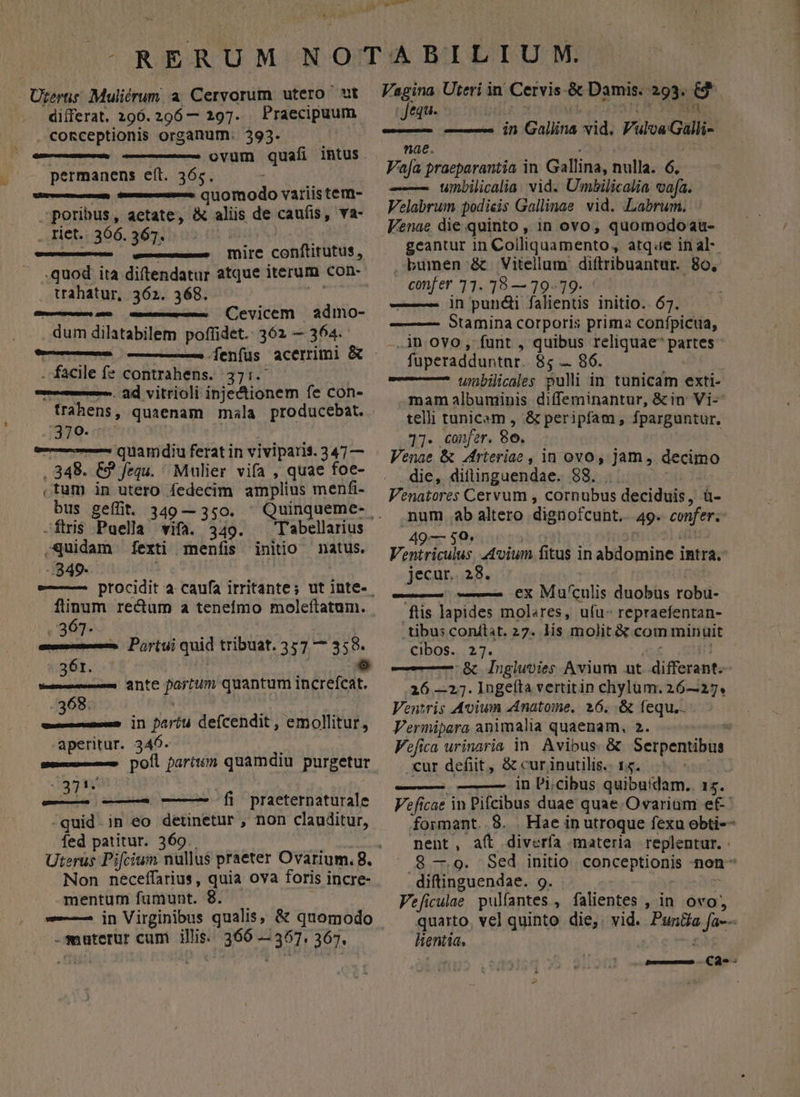 Urernr Muliérum a Cervorum utero ut differat, 296.296 — 297. Praecipuum . Co&amp;ceptionis organum. 393. permanens eft. 36z. —— A—À— Quomodo variistem- poribus, aetate, &amp; aliis de caufis, va- , Jiet. 366. 367. —— — TDlIC conflirutus , .quod ita diftendatur atque iterum con- trahatur, 362. 368. — PÀÁÀ— Cevicem | admo- dum dilatabilem pofíidet. 362 — dfe . facile fe contrahens. dic gl ———. dd vitrioli injectionem fe con- trahens , quaenam mala producebat. 370. — quamdiu ferat in viviparis. 341— , 348. C9 fequ. Mulier vifa , quae foe- «tum in utero fedecim amplius menfi- bus geífit. 349—350. ^ Quinqueme- -ftris Puella vifa. 349. - quidam fexti meníis initio natus. .849- flinum re&amp;um a tenefmo moleftatum. 367. e— Puriui quid tribuat. 357 — uta 361. — Ate Jie tum quantum inein 368: aliiuih d gi w—— in paríu deícendit , emollitur, aperitur. 346. w— poíl parium quamdiu purgetur 729 i305 —— -—— [i praeternaturale -quid in eo detinetur , non clauditur, fed patitur. 369 mentum famunt. 8. . -——— in Virginibus qualis, &amp; quomodo -muterur cum ilis. 366 — a Nl 367. Vagina Uteri in Cervis- &amp; Damis. 293. g. Jeqa- nae. Va[a praeparantia in Gallina, nulla. 6 umbilicalia. vid. Umbilicalia vafa. Velabrum podisis Gallinae. vid. Labrum. Venae die quinto , 1n ovo, quomodoau- bumen &amp; Vitellum diftribuantar.. 80, confer 11. 18 — 19-79. in puné&amp;i falients initio.. 67. -——- Stamina corporis prima conípicua, in ovo, funt , quibus reliquae panes - fuperadduntnr. Bru DO. mam albuminis diffeminantur, &amp;in Vi- telli tunicsm , &amp; peripfam, fparguntur, 171- confer. 86. Venae &amp; 4rieriae , in ovo, jam, decimo die, dittinguendae. $8. Venatores Cervum , cornubus deciduis, ü- num. ab altero dignofcunt. 49- eis 49— 50. Ventriculus, vium fitus in abdomine intra, jecur. 28. —— — €x Mu'culis duobus robu- ftis lapides mol«res, ufu- repraefentan- tibus conftat. 27. lis molit&amp; com minuit cibos. 27. -&amp; Ingluvies Avium ut differant. 26 —2;. Ingefta vertitin chylum. 26—27, Ventris Aoiwn Anatome, 26. &amp; fequ.. Vermipara animalia quaenam, 2. .«ur defit, &amp; cur inutilis.: 15. —— ——— in Picibus quibu'dam.. 15. Veficulae pulfantes , falientes , in ovo, lentia. »