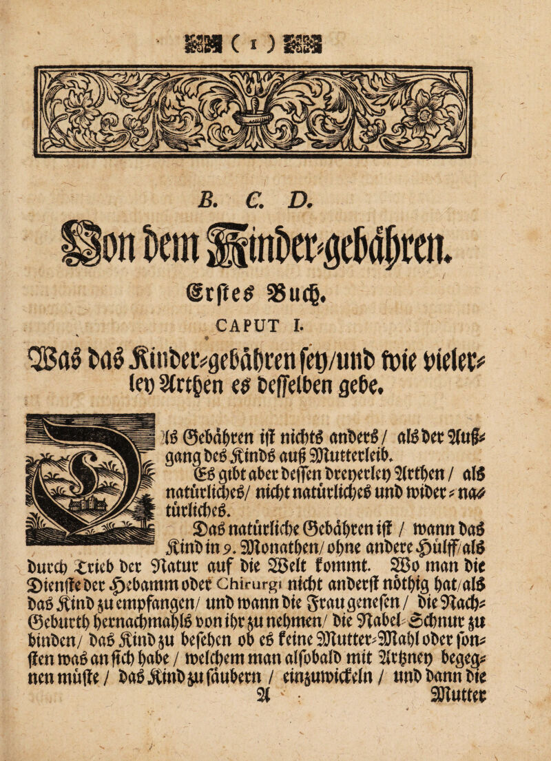 IM c o m a§u(§. CAPUT I. ' Äiutec^eMßten fet)/imt> toit vitlw let) 2(«§en t$ befielen QtH. M ©ebdhten i|l nichts anbetS/ alSber5(u$* gang bcS itinbS auf* Ntutffrleifc (ES gtbt aber helfen breperlef) 5lrthen / als natürliches/ nicht natürliches unb wiber * na<? tätliches. S)aS natürliche ©ebähten iff / wann baS Jtinbins». SMonathen/ohne anbere^ülff/alS butch £rieb ber Natur auf bie Söelt fomrnt. 2Bo man bie 2)ientfeber .fjebamm obef Chirurg» nicht anberff nhthig hat/alS baS jtinb ju empfangen/ unb wann bie grau genefen / bie Nach* ©eburth hernaChmaplS »onihr&u nehmen/ bie Nabelschnur $tt binben/ baSÄinbju befehen ob eS feine 9Jtutter*Ntahl ober fon* jfen was an ftch habe / welchem man alfobalb mit Sltfcnet) begeg* nen muffe / baSJCinbsufdubetn / einjuwiefeln / unb bann bie