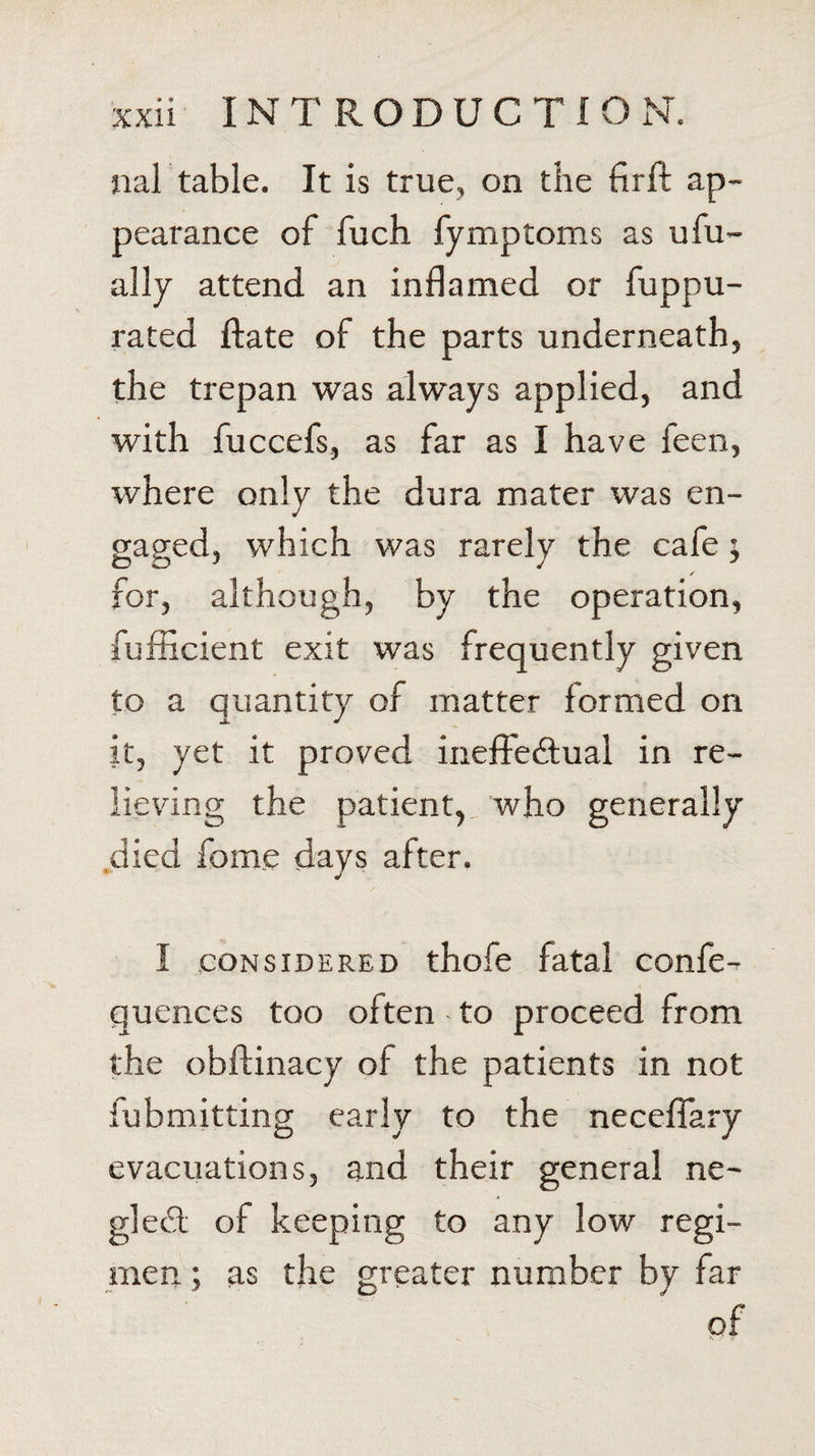 nal table. It is true, on the firft ap¬ pearance of fuch fymptoms as ufu- ally attend an inflamed or fuppu- rated date of the parts underneath, the trepan was always applied, and with fuccefs, as far as I have feen, where only the dura mater was en¬ gaged, which was rarely the cafe ; for, although, by the operation, fufficient exit was frequently given to a quantity of matter formed on it, yet it proved ineffectual in re¬ lieving the patient, who generally died fome days after. I considered thofe fatal confe-r quences too often to proceed from the obftinacy of the patients in not fubmitting early to the necefiary evacuations, and their general ne~ gleet of keeping to any low regi¬ men ; as the greater number by far of