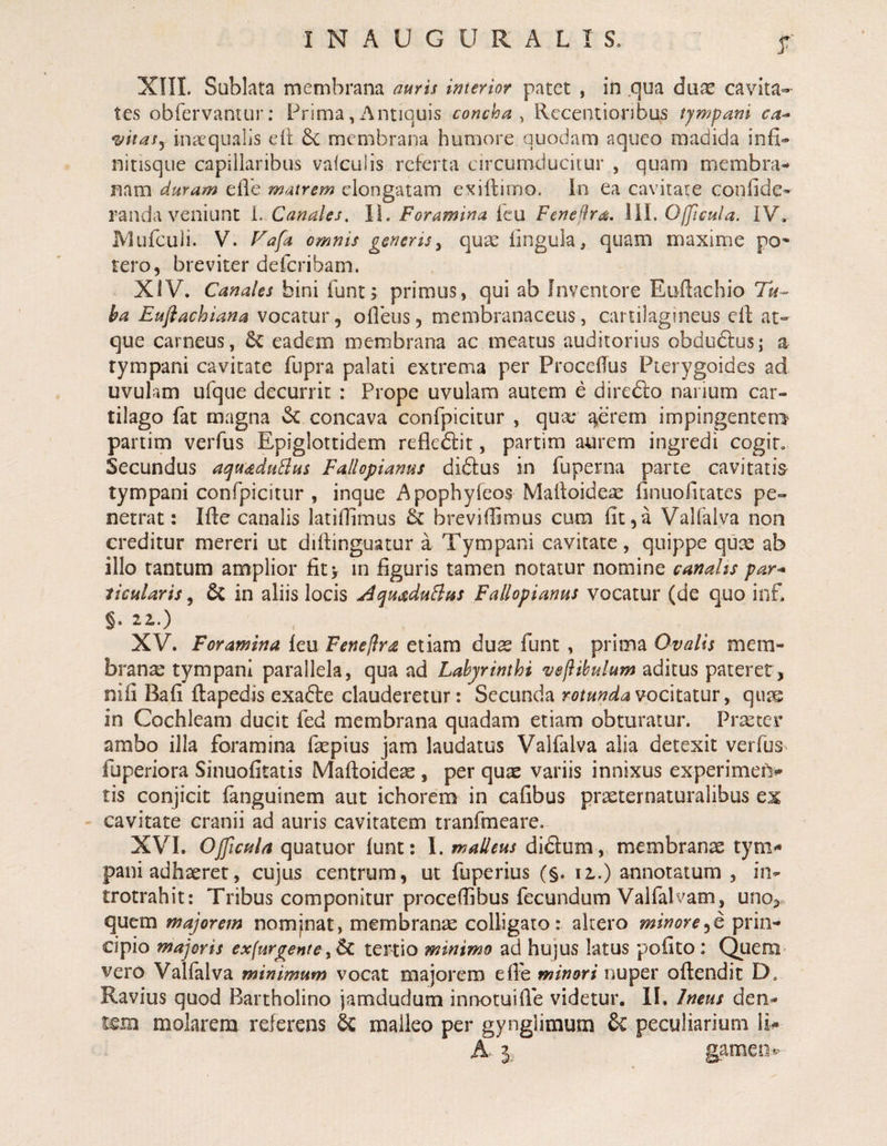 r Xni. Sublata membrana auris interior patet , in qua dwx cavita¬ tes obfervantur: Prima,i\ntiquis concha^ Rccentioiabus tympani ca^ ^itas^ inaequalis eil 6<: membrana humore quodam aqueo madida infi» nitisque capillaribus vaieuiis referta circumducitur , quam membra¬ nam duram elle matrem elongatam exiftimo. in ea cavitate confide» randa veniunt 1. Canales, II. Foramina fcu Fenejlra. iil. Officuia. IV, IVIufculi. V. Fafa omnis generis^ quas lingula, quam maxime po* tero, breviter deferibam. XIV. Canales bini funt; primus, qui ab Inventore Eufiachio Tu-- ba Eujiachiana vocatur, ofieus, membranaceus, cartilagineus elf at¬ que carneus, 5c eadem membrana ac meatus auditorius obdudfus; a tympani cavitate fupra palati extrema per Proceflus Pterygoides ad uvulam ufque decurrit : Prope uvulam autem e diredfo narium car¬ tilago fat magna ^ concava confpicitur , quas q,erem impingenten> partim verfus Epiglottidem refledfit, partim aurem ingredi cogit. Secundus aqudduBus Fallopianus didlus in fupema parte cavitatis tympani confpicitur , inque Apophyfeos Malfoideae finuofitates pe» netrat: Me canalis latifiiraus &amp; brevifiimus cum fit ,4 Vallalva non creditur mereri ut dilfinguatur a Tympani cavitate, quippe quis ab illo tantum amplior fitv in figuris tamen notatur nomine canalis par^ ticularis, &amp; in aliis locis AqUi&amp;duBfiS Fallopianus vocatur (de quo inf. §. 22..) XV. Foramina leu Feneflra etiam duas funt , prima Ovalis mem¬ brana tympani parallela, qua ad Labyrinthi veftihulum aditus pateret, nifi Bafi flapedis exadle clauderetur: Secunda vocitatur, quae in Cochleam ducit fed membrana quadam etiam obturatur. Prxter ambo illa foramina faspius jam laudatus Valfalva alia detexit verfus fuperiora Sinuofitatis Maftoideae , per quas variis innixus experimeiV tis conjicit fanguinem aut ichorem in cafibus praeternaturalibus ex ' cavitate cranii ad auris cavitatem tranfmeare. XVI. Ojficfila quatuor lunt: 1. malleus diftum , membranae tym^ pani adhaeret, cujus centrum, ut fuperius (§. ii.) annotatum , in- trotrahit: Tribus componitur procefiibus fecundum Valfalvam, uno, quem majorem nomjnat, membranae colligato: altero minoreprin¬ cipio majoris exfurgente tettio minimo ad hujus latus pofito: Quem^ vero Valfalva minimum vocat majorem elfe minori nuper oftendic D. Ravius quod Bartholino jamdudum innotuifie videtur. II. Ineus den¬ tem molarem referens &amp; malleo per gynglimum Sc peculiarium li^ A i, gameoft'