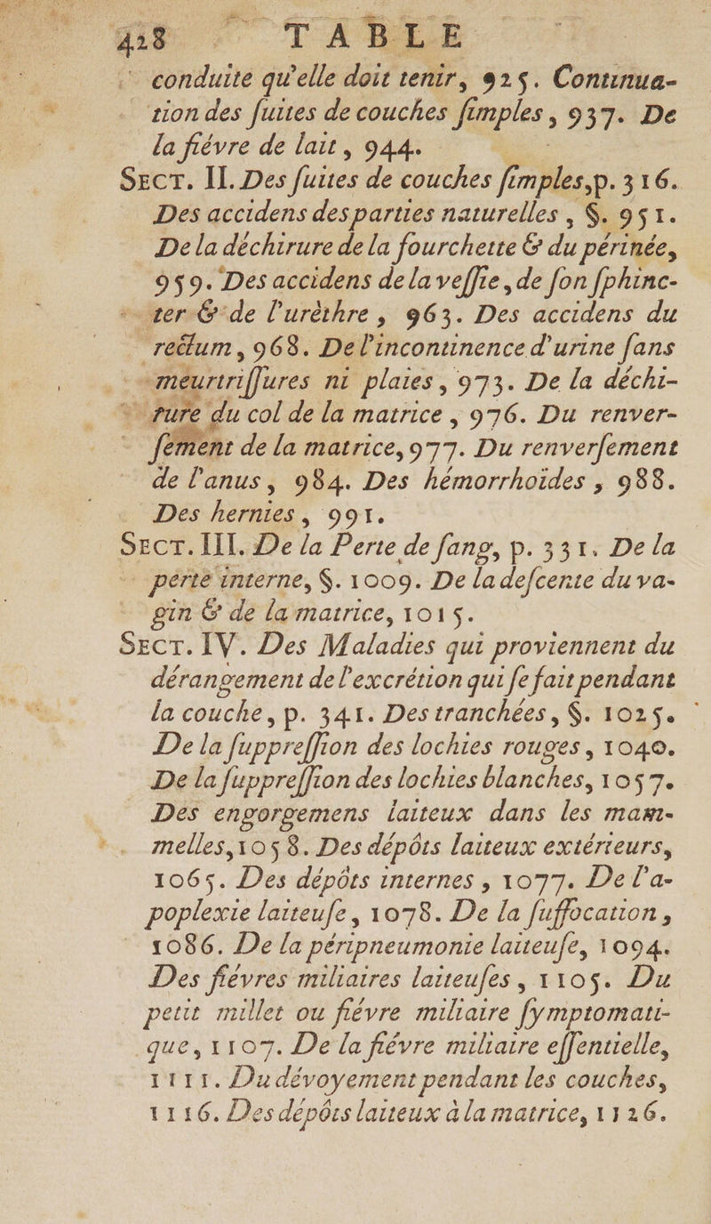 bondluité qu'elle doit tenir, 925. Continua- zion des fuites de couches fl per &gt; 937. De la févre de lait, 944. Secr. IL Des fuites de coche fi mples,p. 316. Des accidens des parties naturelles , . 951. De la déchirure de la fourchette &amp; du périnée, 959. Des accidens de la veffie, de fon fphinc- * ver &amp; de l'urèthre ; 963. Des accidens du reülum, 968. Del'incontnence d'urine fans méuririfures ni plaies, 973. De la déchi- ement de la matrice, 977. Du renver[ement de l'anus, 984. Des hémorrhoïdes , 988. … Des hernies, 991. ie IT. De la Perte de fang, p. 331. De la perte interne, S. 1 009. De la LA du va- gin &amp; de la matrice, 1015. SECT. IV. Des Maladies qui proviennent du dérangement del AR MAEUR qui Je fait pendant la couche, p. 341. Des tranchées, $. 1025. De la fappreffion des lochies rouges, 1040. De la fuppreffion des lochies blanches, 1057. Des engporgemens laiteux dans AN EE melles,105 8. Des dépôts laiteux extérieurs, 1065. Ds dépôts internes , 1077. De l'a- poplexie latteufe, 1078. De la fuffocation, _ 1086. De la péripneumonie latteufe, 1094. Des fiévres miliaires laiteufes , 1105. Du petit millet ou fêvre miliaire [ymptomati- que, 1107. De la févre miliaire effentrelle, TITI. Da dévoyement pendant les couches, 1116. Des dépôrs lauteux à la matrice, 1126.