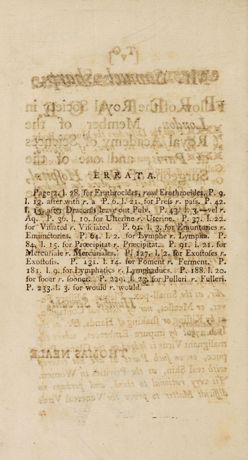 |. \ • •? ,- — v , *\ •- - •> n  • - ^. •* * ;, . v. .» vjf JLV v — ■••' -■ - •-•■.■» E R R A ,T A. '*• * 's# v •*•’'* * ‘ * *. \ l . ■ - . - ■ .* * » 7. '<1 *’ “ c .,. Page 2. 1. 2'B. fprEruthrockles, rW Eruthroekles. P. ga 1. i£. after .with r. a P. 6. 1. 21., for Prefs r. pafs. P. 42, I. 15. after Dracorfis leave out Pulv. P. 43; h 3.—^’/el r. Aq. P.36.I. 10. for l/lterine r. Uterine. P.37. 1.22* for Vinated r. Vifeiated. P. t>r. 1. 3. for Emuntories r. Eniimetories. P. 64. 1. 2. for Lymphe r. Lympka, P. 84,;u 15. for. Proecipitat r. Prsecipitat. P. 91. 1. 21. for Mercufiale r. ereuriales.’ P. 227. 1, .2* for Exoftofes r. Exoftofis. P. 131. I.14. for Foment r. Ferment. P« 181. L 9..forvEypiphatics r. Lymphaducs. P. 188.1. 20. for fooer r. fooner. P. 229. ;L .23. for Pulleri r. Fuller!. P. 233.* 1* 3- would r. would/ i- ;