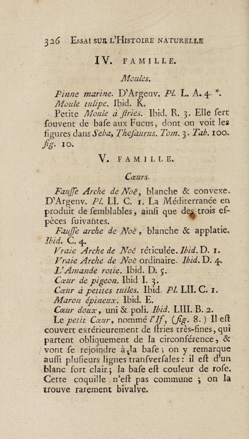 IV. F A M I L L E. Moules. P inné marine. D’Argenv. PL L. À* 4. A Moule tulipe. Ibid. K. Petite Moule à Jlries. Ibid. R. 3. Elle ferfc fouvent de bafe aux Fucus, dont on voit les. ligures dans Seba} Thejàurus. Tom. 3 . Tab. ioo« fig•io- V. FAMILLE. Cœurs, Faujje Arche de Noë> blanche & convexe, D’Argenv. PI. LI. C. 1. La Méditerranée en produit de femblables, ainfi que dqs trois ef- pèces fui vantes. Fauffe arche de Noë, blanche <3c appiatie. Ibid. C. 4. Fraie Arche de Noë réticulée. Ibid. D. 1. Vraie Arche de Noë ordinaire- Ibid. D. 4. IJ Atnande rôtie. Ibid. D. J. Cœur d,e pigeon. Ibid I. 3. Cœur à petites tuiles. Ibid. PL LU. C. 1. Maron épineux. Ibid. E. Cœur doux 9 uni & poli. Ibid. LUI. B. 2. Le petit Cœur, nommé Vif, (fy. 8. ) Il efl couvert extérieurement de fines très-fines, qui partent obliquement de la circonférence, & vont fe rejoindre àv!a bafe; on y remarque suffi plufieurs lignes tranfverfales : il efl d’un blanc fort cîairq la bafe efl couleur de rofe. Cette coquille n^efl pas commune 3 on la trouve rarement bivalve.