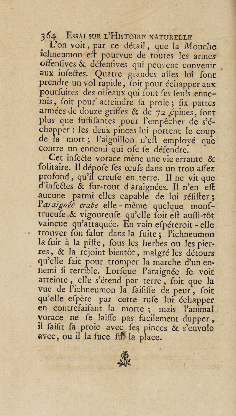 L’on voie, par ce détail, que la Moucha ichneumon elt pourvue de toutes les armes oifenfives & défenfives qui peuvent convenir aux infedes. Quatre grandes ailes lui font prendre un vol rapide, foit pour échapper aux pourfuites des oifeaux qui font fes feuls enne¬ mis , foit pouf atteindre fa proie ; fix pattes armées de douze griffes & de 72 .épines, font plus que fuffifantes pour l’empêcher de s’é¬ chapper : les deux pinces lui portent le coup de la mort ; 1 aiguillon n’eft employé que contre un ennemi qui ofe fe défendre. Cet infede vorace mène une vie errante & folitaire. Il dépofe fes œufs dans un trou allez profond, qu’il creufe en terre. Il ne vit que d infedes 3c fur-tout d araignées. Il n’en effc aucune parmi elles capable de lui réfifter ; Varaignée crabe elle - même quelque monf- trueufe .& vigoureufe qu’elle foit efl aufîi-tôt vaincue qu’attaquée. En vain efpéreroit - elle trouver fon falut dans la fuite ; l’ichneumon la fuit à la pifte, fous les herbes ou les pier¬ res , 3c la rejoint bientôt, malgré les détours qu’elle fait pour tromper la marche d’un en¬ nemi fi terrible. Lorfque l’araignée fe voit atteinte, elle s’étend par terre , foit que la vue de l’ichneumon la faififfe de peur, foit qu’elle efpère par cette rufe lui échapper en contrefaifant la morte ; mais l’animal vorace ne fe laifie pas facilement dupper 9 il faifit fa proie avec fes pinces & s’envole avec5 ou il la fuce fifl la place.