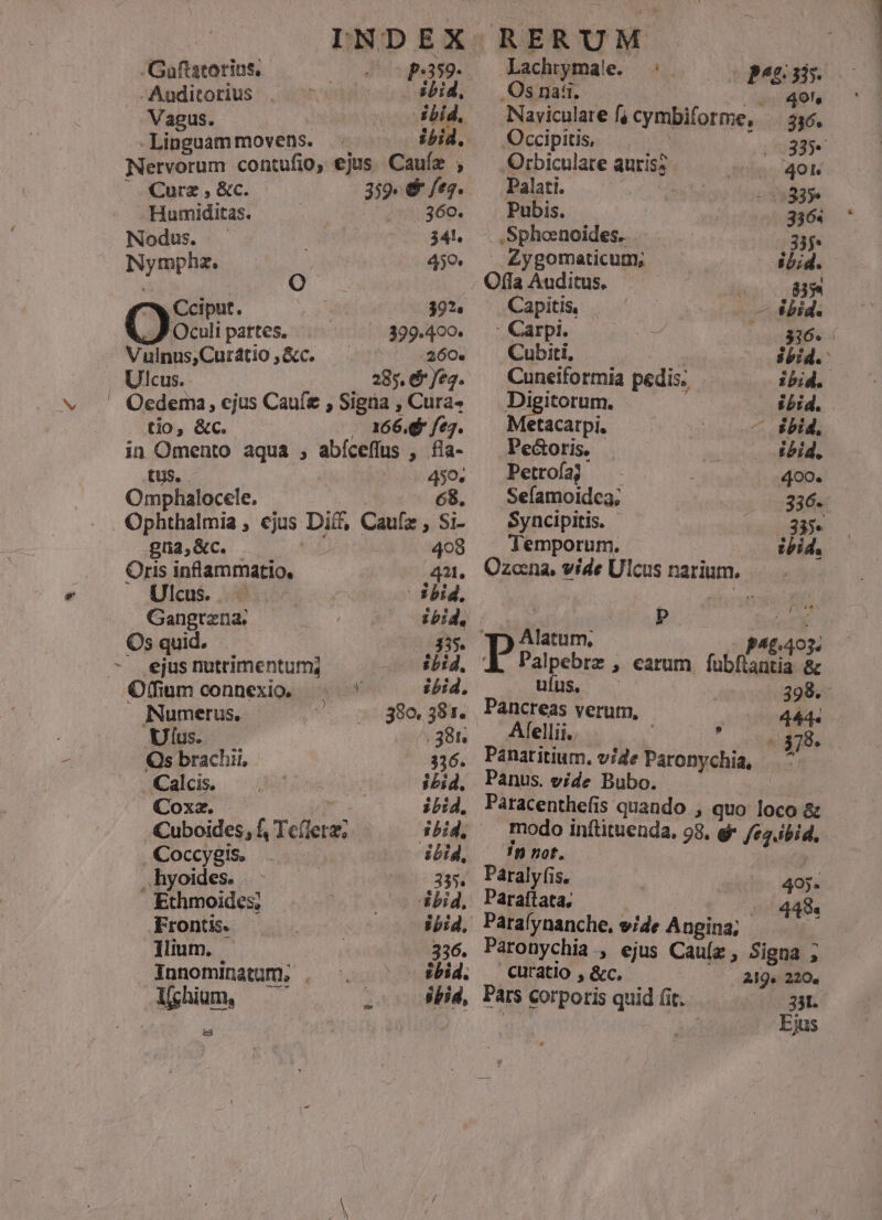 DUDNDEX: -Guftatorius, p.359. Auditorius . ibid, Vagus. ibid, Linguam movens. ibid. Nervorum contufio, ejus Cauíz , ». €urz , &amp;c. 3i9. € feg. Humiditas. j*:350. Nodus. ; Se vdd, Nympha. 450. Cciput. 392. Oculi partes. 399.400. Vulnus,Curátio , &amp;c. .360« Ulcus. 285, dh fea.  Oedema, ejus Caufe , Signa , Cura- . tio, &amp;c. . 166.&amp; feg. in pinu aqua , abíceffus , fla- 459. Oinucete. 68. Ophthalmia , cjus Diff, Cau[z , Si- g2,&amp;c. ! 408 Oris inflammatio. gu. Ulcus. ibid, Gangtena; ibid. Os quid. :44395, ^ ejus nutrimentum, ibid. Offium connexio,  ibid. INumerus, 380. 381. Ultus. E IP Qs brachii, 336. Calcis. ibid. Coxz. sb:d. Cuboides, f, Teflerz; ibid, Coccy8is. ibid, .hyoides . 335. Ethmoides; '&amp;bid, .Frontis. ibid. ilium. 336. Innominatum, . ibid. i(ghium, so dd, E Lachrymale. ^. E15: Os naíi. 4O0l. ^ Naviculare f, cymbiforme, 336. Occipitis, | 2894 Orbiculare auris; ..40L Palati. TIS Pubis. | 336. . , Sphoenoides. 7 2033f Zygomaticum, Wd. , Offa Auditus, Ji 8154 Capitis . 5 ^ o uotis Gatpl. us. solle Cubiti, ^—bid.: Cuneiformia pedis, - ibid. Digitorum. ibid. etacarpi, -^ $bid. Pe&amp;oris. tbid. Petroía] qoo. Sefamoidca; 336. Syncipitis. ru dude Temporum. id. Ozcna, vide Ulcus narium. : f LE P dne pat. 403; glpehra. , carum fubflantia &amp; ufus, — 398. - Pancreas verum, 444. Afellii, ] n « $78. Panatitium. vide Paronychia, Panus. vide Bubo. Paracenthefis quando , quo loco &amp; modo inítituenda, 98, gr fiiia, P is ra S. [. Páriilata, d € Paraíynanche, wide Angina; Paronychia , ejus Cauíz, Signa , curatio , &amp;c. | 219» 220. Pars corporis quid (it. 331. ; Ejus