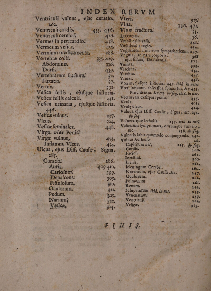 Virga. vide Penis? 43. .. . inflamm. Vlcus, 7454. Uleus , ejus Diff, Cane; ; Signa. 3SCuratio; oci Ri : a86. | Auris, — 5.899.410, Cariofurm; 399. Dep aícens. ANON Rifilofum, s 3Io. culorum, 321. . Pedum, 325, (o Warium; 322. die Velice, 314. £I E &amp;c. 1j 8. e f [ Vulneris labia quomodo copjungenda. -—- y ulnus Auriculae - $6. Capitis. p ^or. | $e 1606 tx Fade. c -- 261. - Intcftini, $60. Lienis. $; M 261. Meningum Cerebri, ENT Nervorum,; ejus Caufz, &amp;c.- 47. Oculorum. X vr yx Pulmonum * X ger Renum. PuTToE Sclopetorum ibid ipo, —— ijf. . Venenatum. (37 Ventriculi S 2614 .Vefica. | 8$3- t -— EIk Lus | 71 ^ &amp; ^» o PA I ] 71, Ad b ^ ; ? . | INDEX RERYM- RN Ventriculi M ulbus ) x d Fui, felle. m Ls é quu *262. ^ ^ . CVIna. ; 3 16. 71. ; Ventriculi cordis. - E 436.5 -VInz fra&amp;ura. i Wa HN 7s - Wentriculicerebri; — ^. — 426. ;Luxatio. T urne Mermesinpericardiol ^ 448. VYVmbilialiavafa, — 7 det » Vermesin vefica, o7 7 7 aad ilicalis regio: Us a 439». Vermium medicamenta — 4 «$98. oiim marie fympatheitum, 147. APUNTAN ^Wnguis, aü-párscorporis. . 368 . Merebrecoli, 7 ET ejus fitfura, lar. ; 471. W. Abdominis. to e. VS 386. Nomes ^. NN IL ern jM - hf ' * Darf t: 439. Vrachüs. — OBEN M. - Vexebririm facris 35. wetden ACT» MA | 44. ' Luxatio, FM WEIL 446. | Vterus, ejufque hiftoria, 449. ibid. in notis 1- Wertes. 392 Veri inflamm. abíceffus, fphacclus, &amp;c.4g 5. | Vefica felis , ejufque hiftoria. Procidentia, &amp;c.71. t feq. ibid. ip not. .- * Wefice fellis calculi. 4gt,  Vterus,an extirpari dura 45. -. 'Nefica urinaria , ejufque hiftoria, e 403 ! i 446 Lat V vulc uicus. 414. 46. ; Yulaus, ejus Diff, Caufz , Signa, &amp;c. 254. VlIcus.- 324. Vulnera quz lethalia 235. ibid. dn ni Vefi c2 feminales, 4438, Vulnerum fymptomata, €Orümque curstio ,