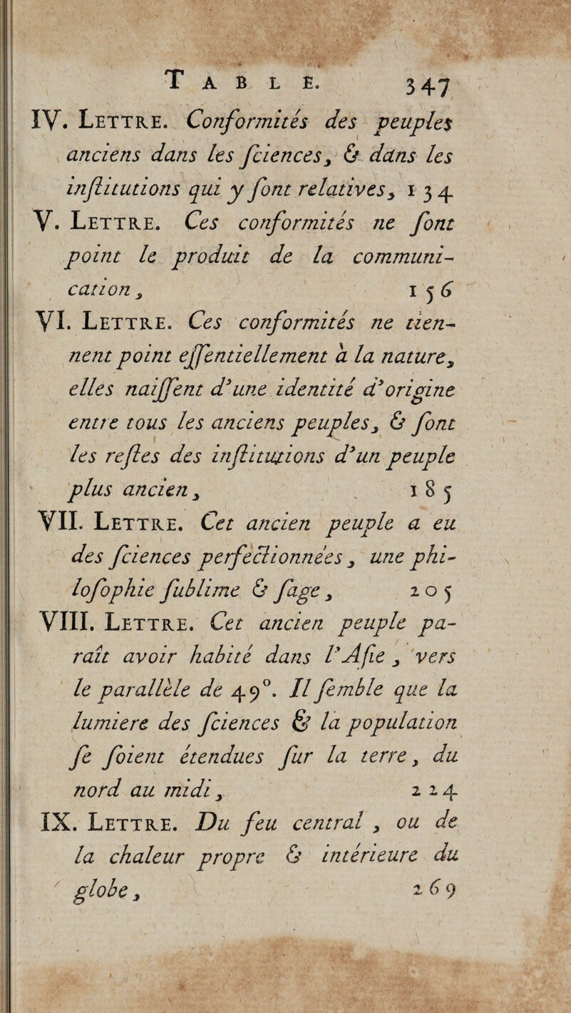 _ * » Table. 347 IV. Lettre. C0nf0r7n.ites des peuples anciens dans les fciences 3 & dctns les in fautions qui y font relatives3 134 V. Lettre. Ces conformités ne font point le produit de la communi¬ cation 3 156 VI. Lettre. Ces conformités ne tien¬ nent point ejfentiellement a la nature3 elles naijfent d’une identité d’origine entre tous les anciens peuples 3 & font les refles des inflitutions d’un peuple plus ancien y 185 VII. Lettre. Cet ancien peuple a eu des fciences perfeclionnées 3 une phi- lofophie fublime & fage 3 205 VIII. Lettre. Cet ancien peuple pa¬ raît avoir habité dans V A fie 3 vers le parallèle de 490. Il femble que la lumière des fciences & la population fe foient étendues fur la terre , du nord au midiy 224 IX. Lettre. Du feu central 3 ou de la chaleur propre & intérieure du