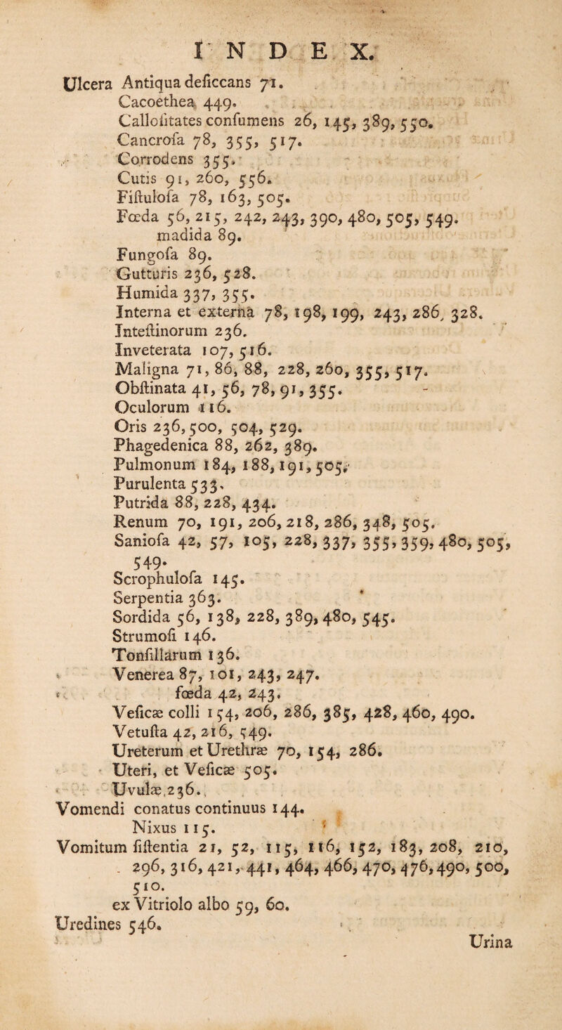 Ulcera Antiqua deficcans 71, Cacoethea 449. Calloiitates confumeiis 26, 145, 389,550, Cancrofa 78, 355, 517. Corrodens 355.’ Cutis 91, 260, 556. Fiftuiofa 78, 163, 505. Foeda 56, 215, 242, 243, 390, 480, 505, 549. madida 89, Fungofa 89. Gutturis 236, 528. Humida 337, 355. Interna et externa 78, 198, 199, 243, 286, 328. Tntellinorum 236. Inveterata 107,516. Maligna 71, 86, 88, 228, 260, 355, 517. Obftinata 41, 56, 78, 91, 355. Oculorum 116. Oris 236,500, 504,529. Phagedenica 88, 262, 389, Pulmonum 184, 188,191,505^ Purulenta 533, Putrida 88, 228, 434, Renum 70, 191, 206, 218, 286, 348, 505. Saniofa 42, 57, 105, 228,337, 355» 359» 4^0, 505, 549. Scrophulofa 145. Serpentia 363. Sordida 56, 138, 228, 389,480, 545. Strumoli 146. Tonfillarum 136. ‘ Venerea 87, loi, 243, 247, * . foeda 42, 243. Veficae colli 154, 206, 286, 385, 428, 460, 490. Vetufta 42, 216, 549. Ureterum et Urethrae 70, 154, 286, . ' Uteri, et Veficae 505. Uvulae.236.4 Vomendi conatus continuus 144. Nixus 115. ^ Vomitum fidentia 21, 52, 115^ it6, 152, 183,208, 210, . 296, 316, 421,.441, 464, 466,470,476,490, 500, 510. ex Vitriolo albo 59, 60. Uredines 546, Urina