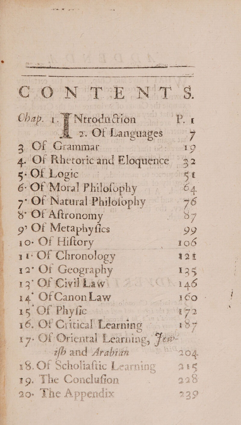 Ss eee See CO N Th N'T.S. Chap. a | T Ntrodu ion A A x OF Re ae g ADE Grammar oh . OF Rhetoric and Bloguence 122 5: OF Opie 507 ee 6- OF: Mor al Philofophy- 164 9° OF Natural: Philolophy 76 %° OF Aftronomy — ey g Of Metaphyfi ics - 99 10- Of Hiltory = TOG it Of Chronology 424 12° OF Geography _ 5. 137 OF Civil Law» G1 46 14, OfCanonlaw G0 © 16. OF Critical’ Learning © 1OF 17: Of Oriental Learning, Fe fb and cecal hd 58. Of Scholiaftic Learning ats 19. The Concluffon . 226 cont Rese