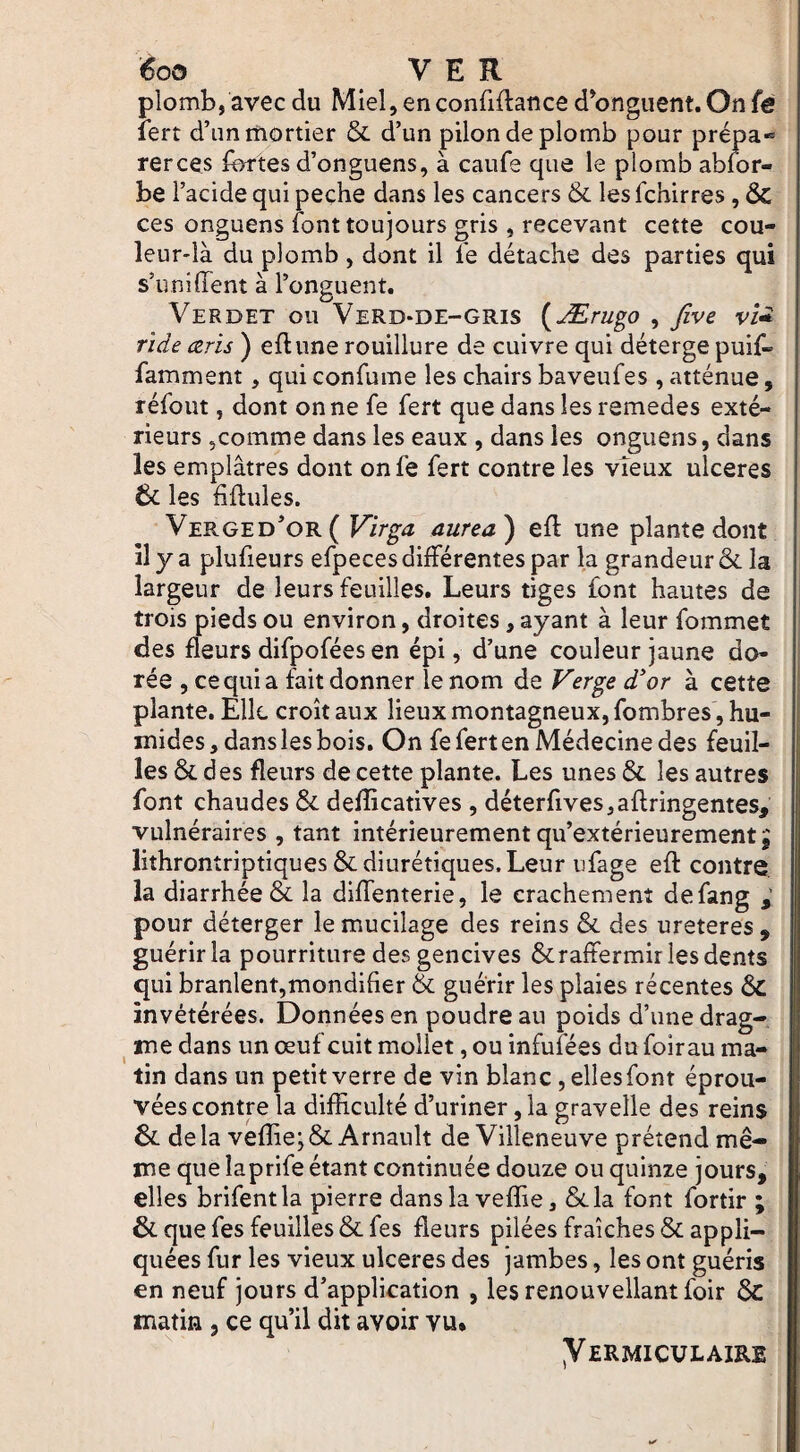 6oo VER plomb, avec du Mieljenconüftance d^ongiient. On fè îert d’un mortier & d’un pilon de plomb pour prépa« rerces fortes d’onguens, à caufe que le plomb abior- be l’acide qui peche dans les cancers & les fchirres, ÔC ces onguens font toujours gris , recevant cette cou¬ leur-là du plomb , dont il Te détache des parties qui s’unilTent à l’onguent. Verdet ou Verd*de-gris (^Ærugo , Jîve vî^ ride (zris ) eflune rouillure de cuivre qui déterge puif- famment, qui confume les chairs baveufes , atténue, refont, dont on ne fe fort que dans les remedes exté¬ rieurs jComme dans les eaux , dans les onguens, dans les em.plâtres dont onfo fort contre les vieux ulcérés 6c les fiftules. Verged’or( Virga aurea) efo une plante dont il y a plufieurs efpeces différentes par la grandeur & la largeur de leurs feuilles. Leurs tiges font hautes de trois pieds ou environ, droites, ayant à leur fommet des fleurs difpofées en épi, d’une couleur jaune do¬ rée , ce qui a foit donner le nom de Verge d'or à cette plante. Elle croît aux lieux montagneux, fombres, hu¬ mides, dans les bois. On fo fort en Médecine des fouil¬ les & des fleurs de cette plante. Les unes & les autres font chaudes & deffîcatives , déterfives,aftringentes, vulnéraires , tant intérieurement qu’extérieurement; lithrontriptiques & diurétiques. Leur Ufage eft contre la diarrhée & la diffenterie, le crachement defang pour déterger le mucilage des reins & des ureteres, guérir la pourriture des gencives ôcraffermir les dents qui branlent,mondifier & guérir les plaies récentes invétérées. Données en poudre au poids d’une drag- ^ me dans un œuf cuit mollet, ou infufées du foirau ma¬ tin dans un petit verre de vin blanc, elles font éprou¬ vées contre la difficulté d’uriner, la gravelle des reins 6c de la veffie; 6c Arnault de Villeneuve prétend mê¬ me que îaprife étant continuée douze ou quinze jours, elles brifentla pierre danslaveffie, 6c la font fortir ; 6c que fos feuilles 6c fos fleurs pilées fraîches 6c appli¬ quées fur les vieux ulcérés des jambes, les ont guéris en neuf jours d’application , lesrenouvellantfoir 6c matin , ce qu’il dit avoir vu. yiRMICULAIRI